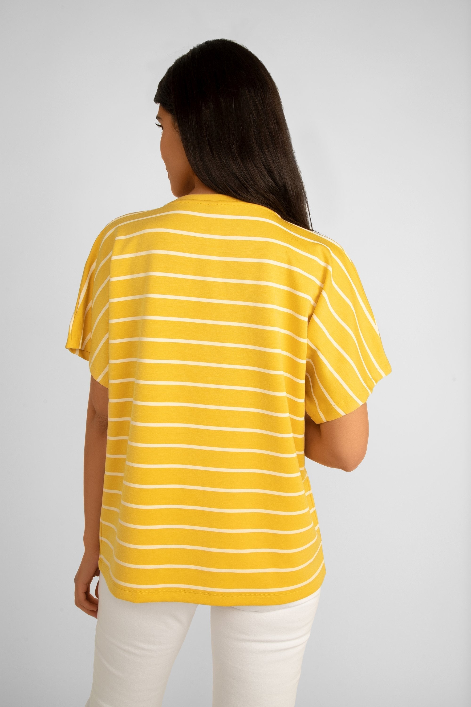 Back view of Soya Concept (26540) Women's Short Raglan Sleeve Stripes T-Shirt in Yellow with White Stripes