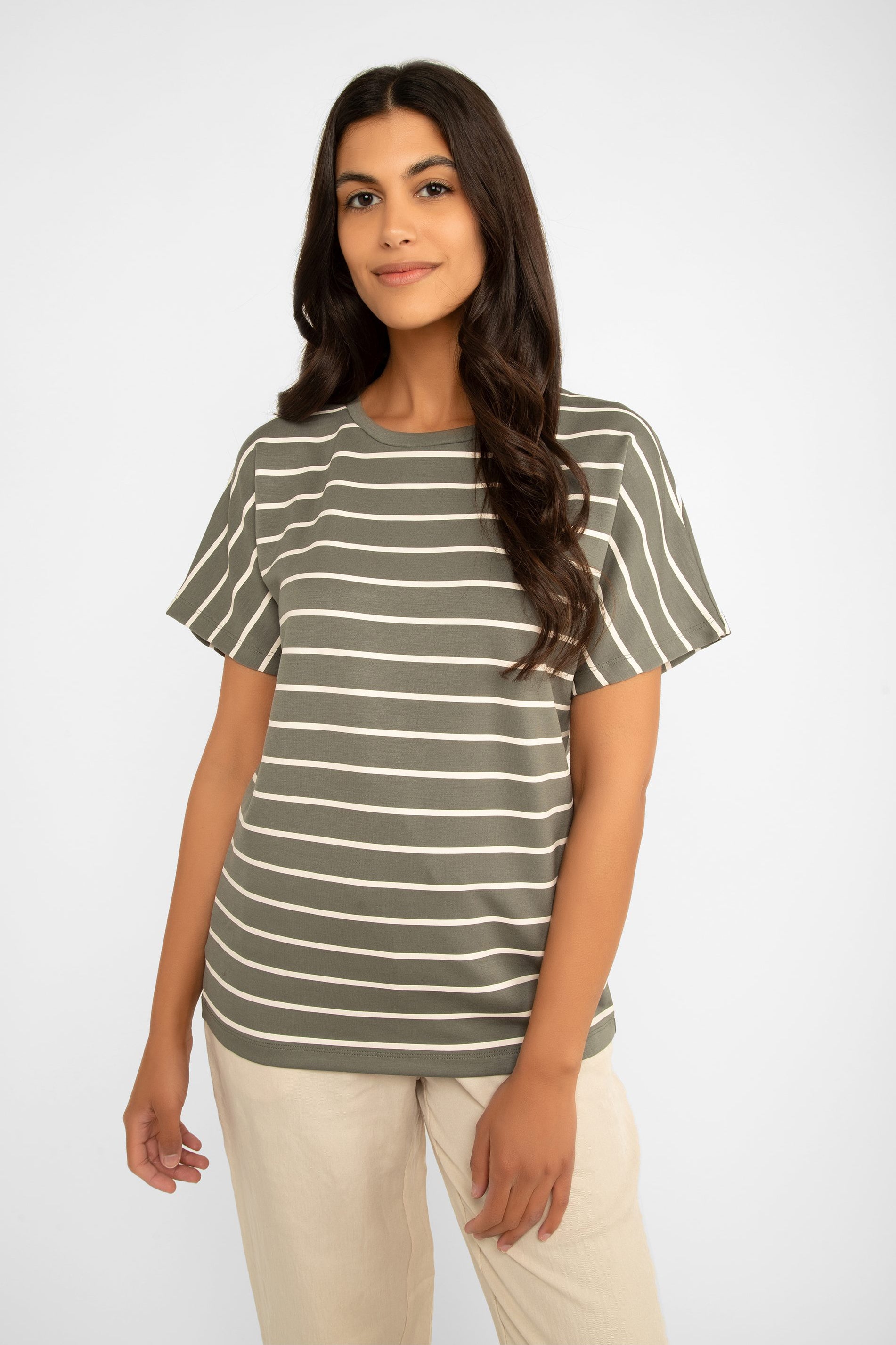 Short Dolman Sleeve Stripes T-Shirt