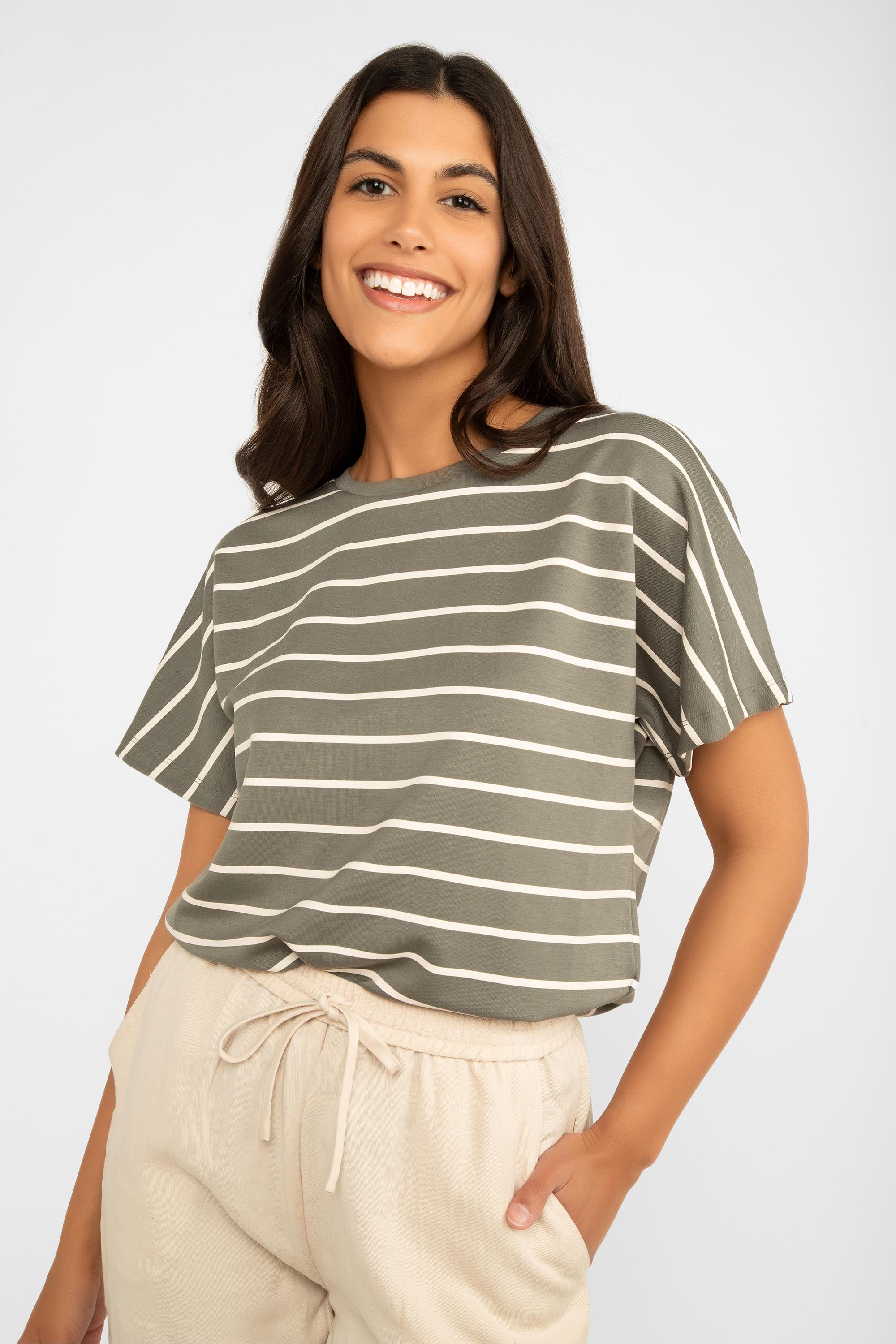 Short Dolman Sleeve Stripes T-Shirt