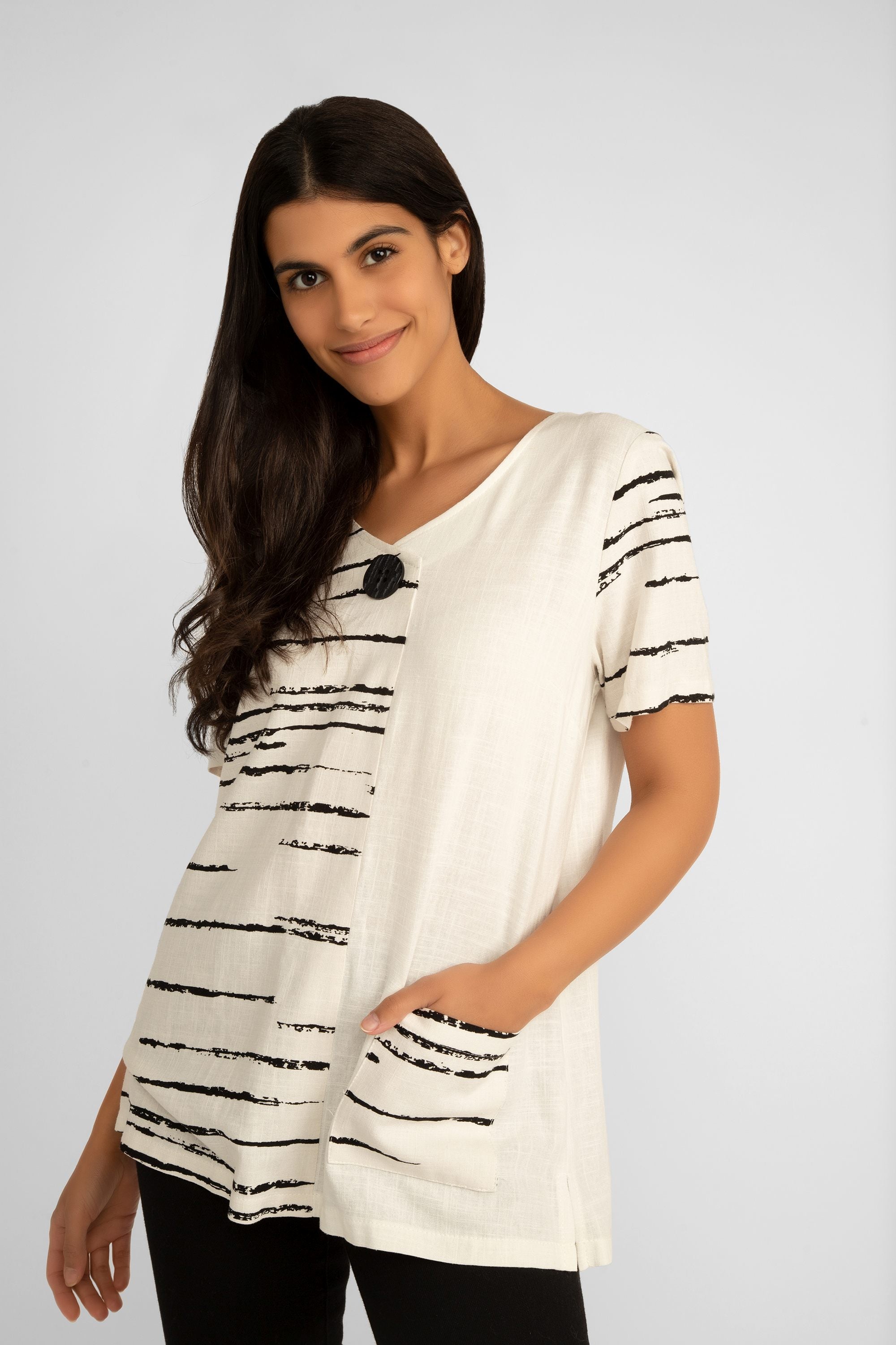 Compli K (33516) Women's Short Sleeve Top With Button V-Neck in White With Black Weathered Lines Print