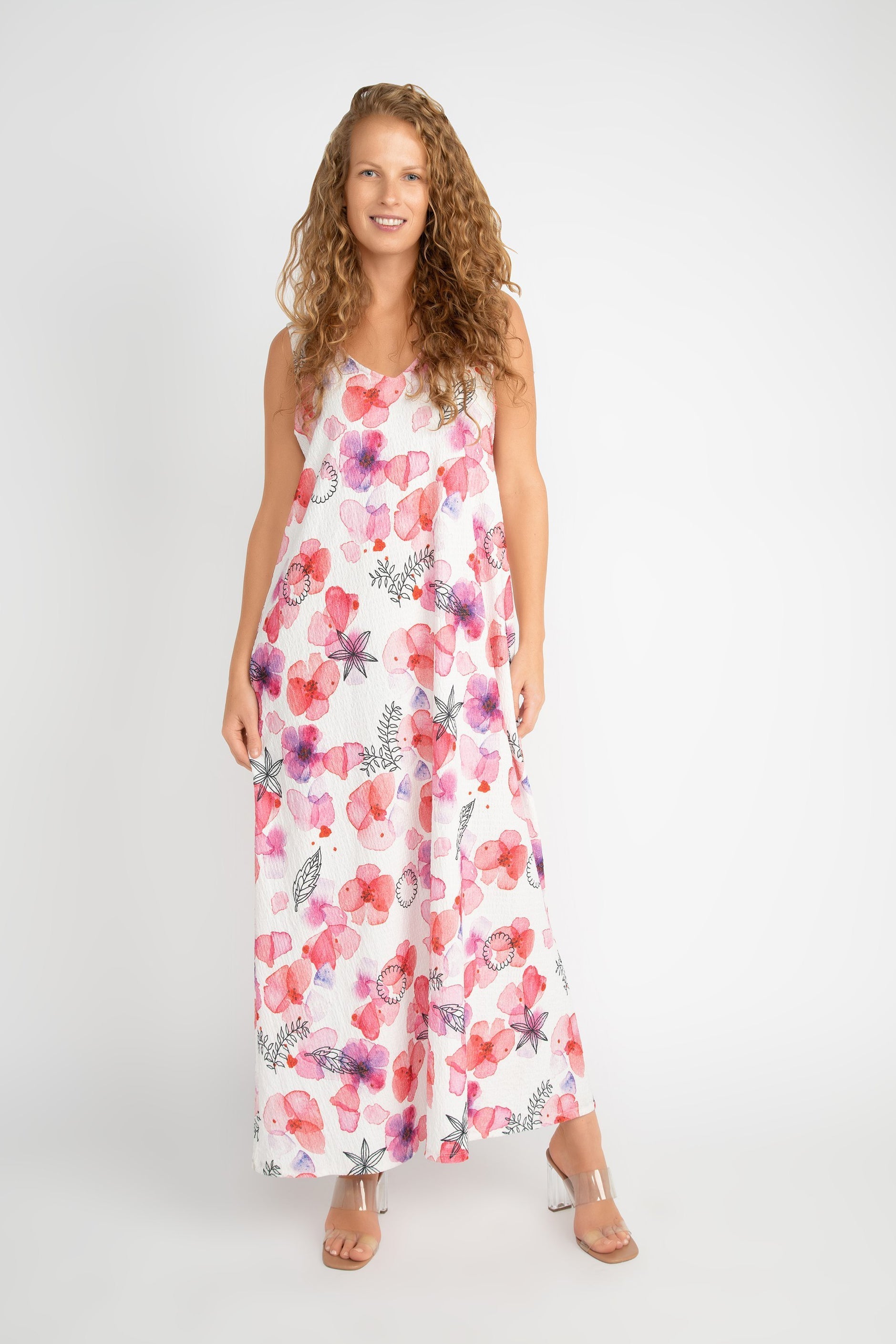 Compli K (33565) Women's Sleeveless V-neck Printed Maxi Dress in a White with Pink Florals and Black Illustrations
