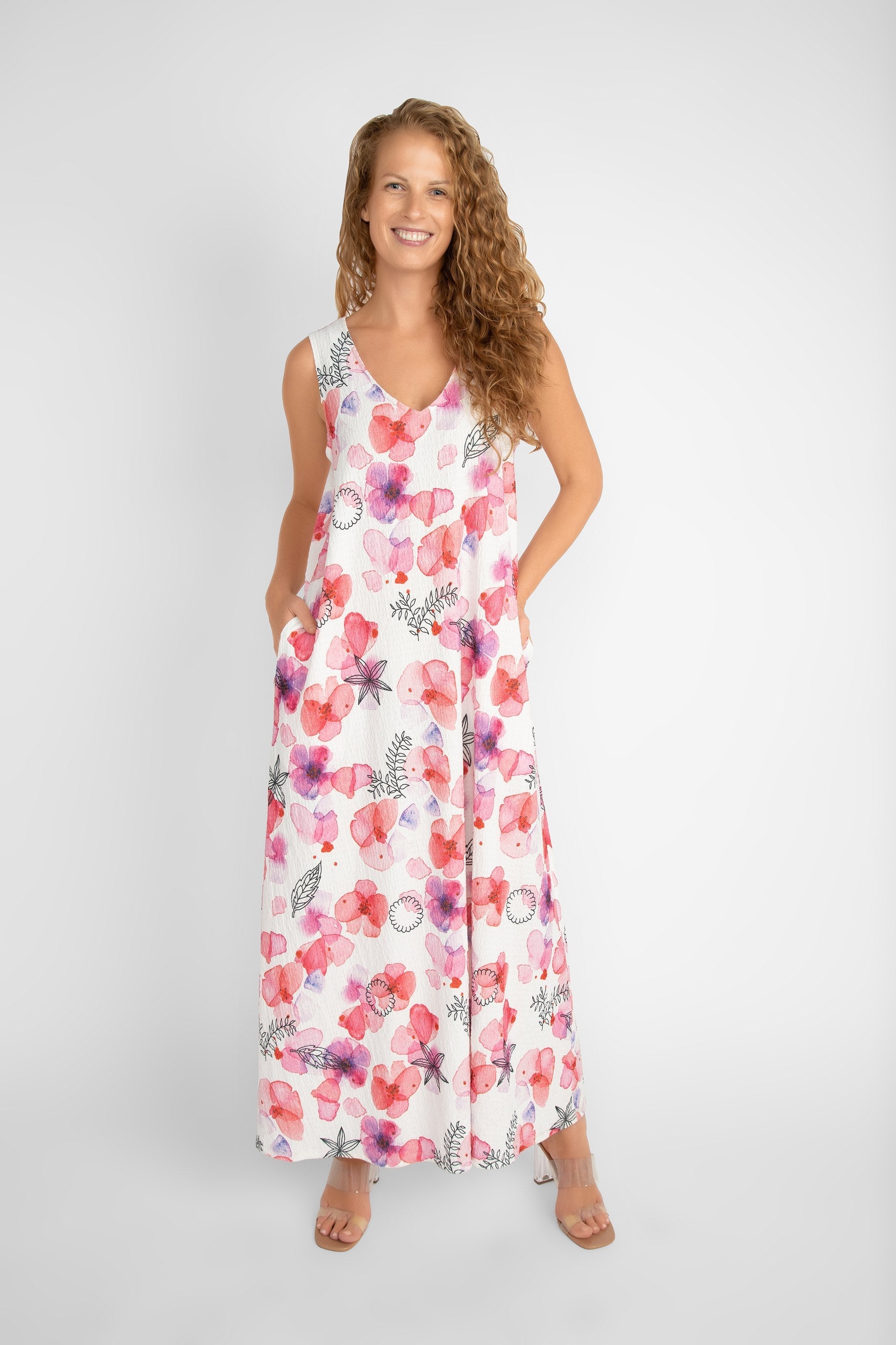 Compli K (33565) Women's Sleeveless V-neck Printed Maxi Dress in a White with Pink Florals and Black Illustrations