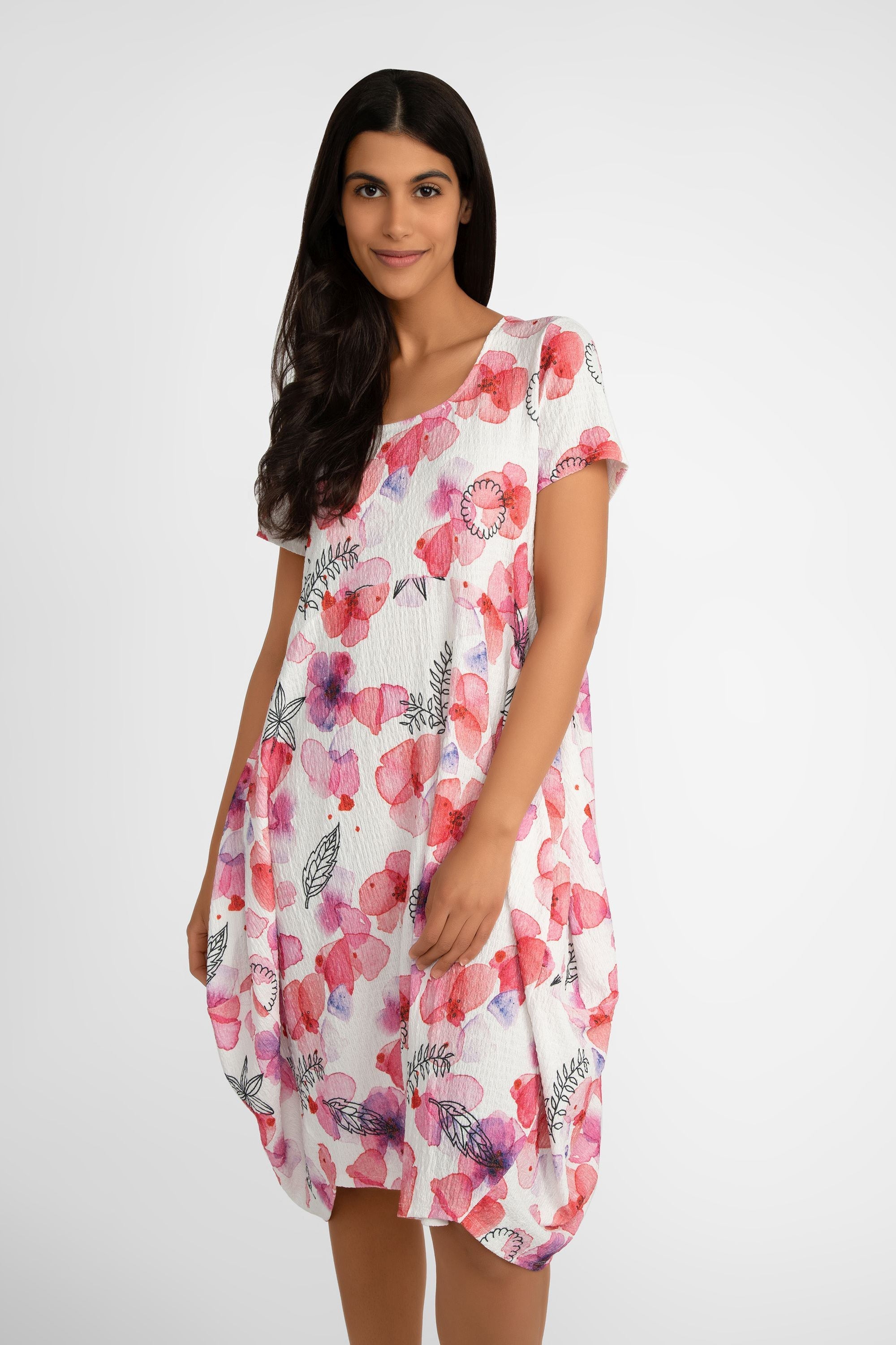 Compli K (33566) Women's Short Sleeve White With Pink Floral Cocoon Midi Dress