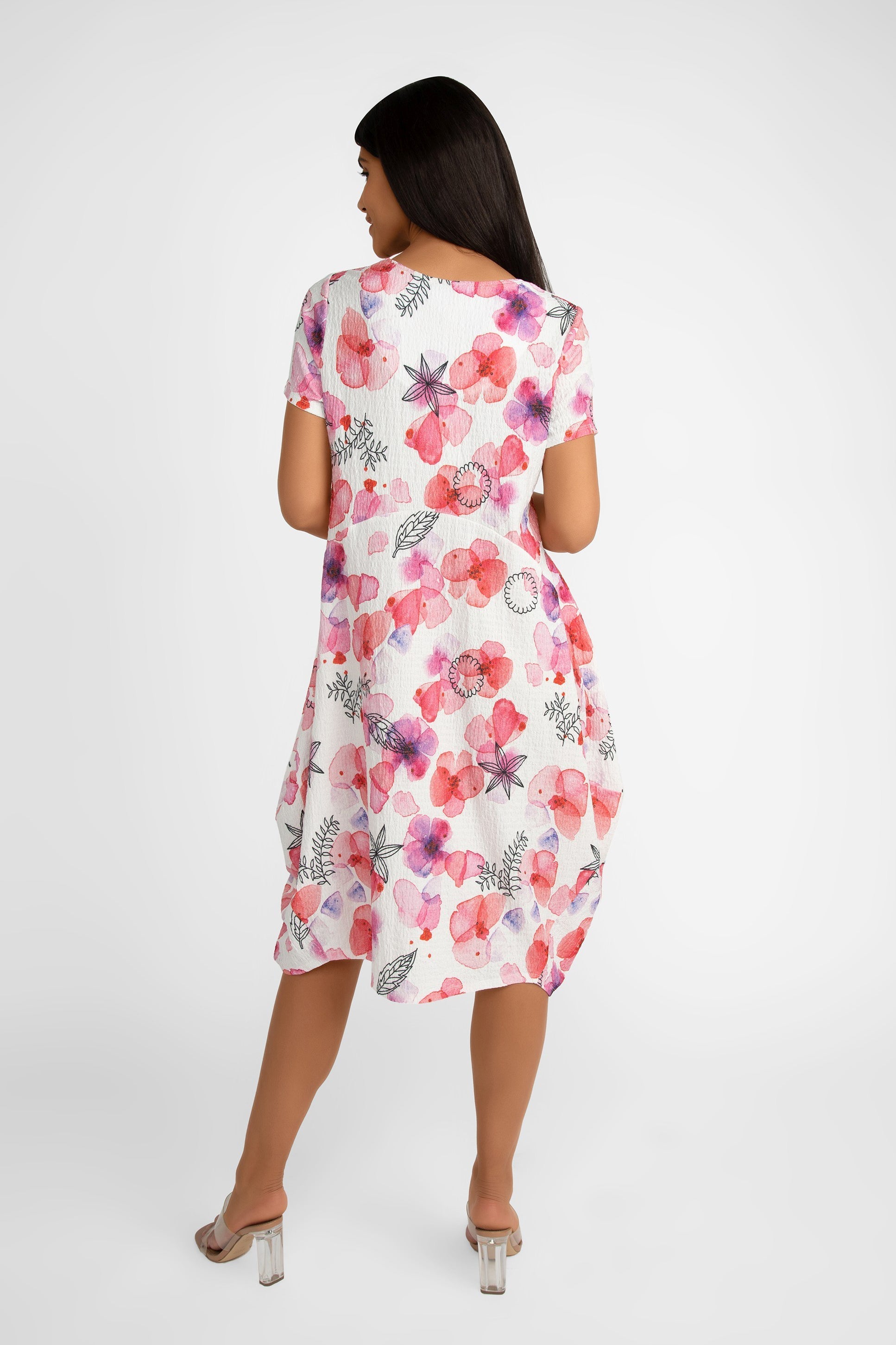 Back view of Compli K (33566) Women's Short Sleeve White With Pink Floral Cocoon Midi Dress