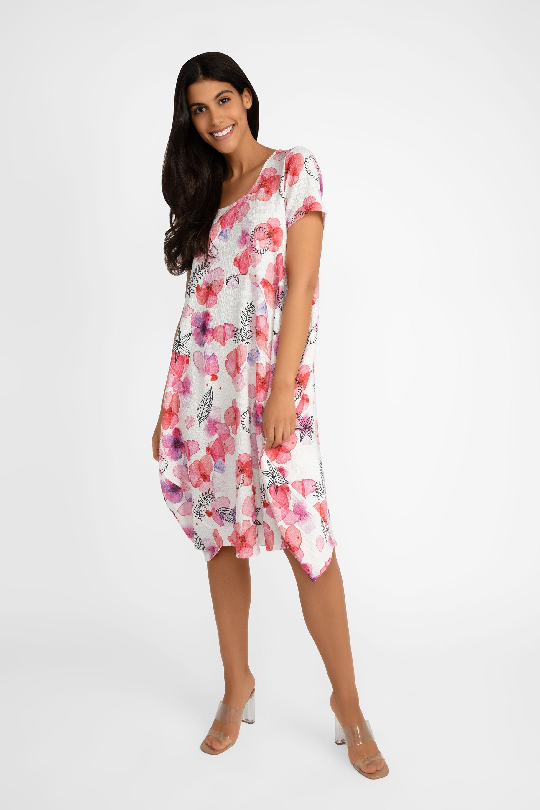 Compli K (33566) Women's Short Sleeve White With Pink Floral Cocoon Midi Dress