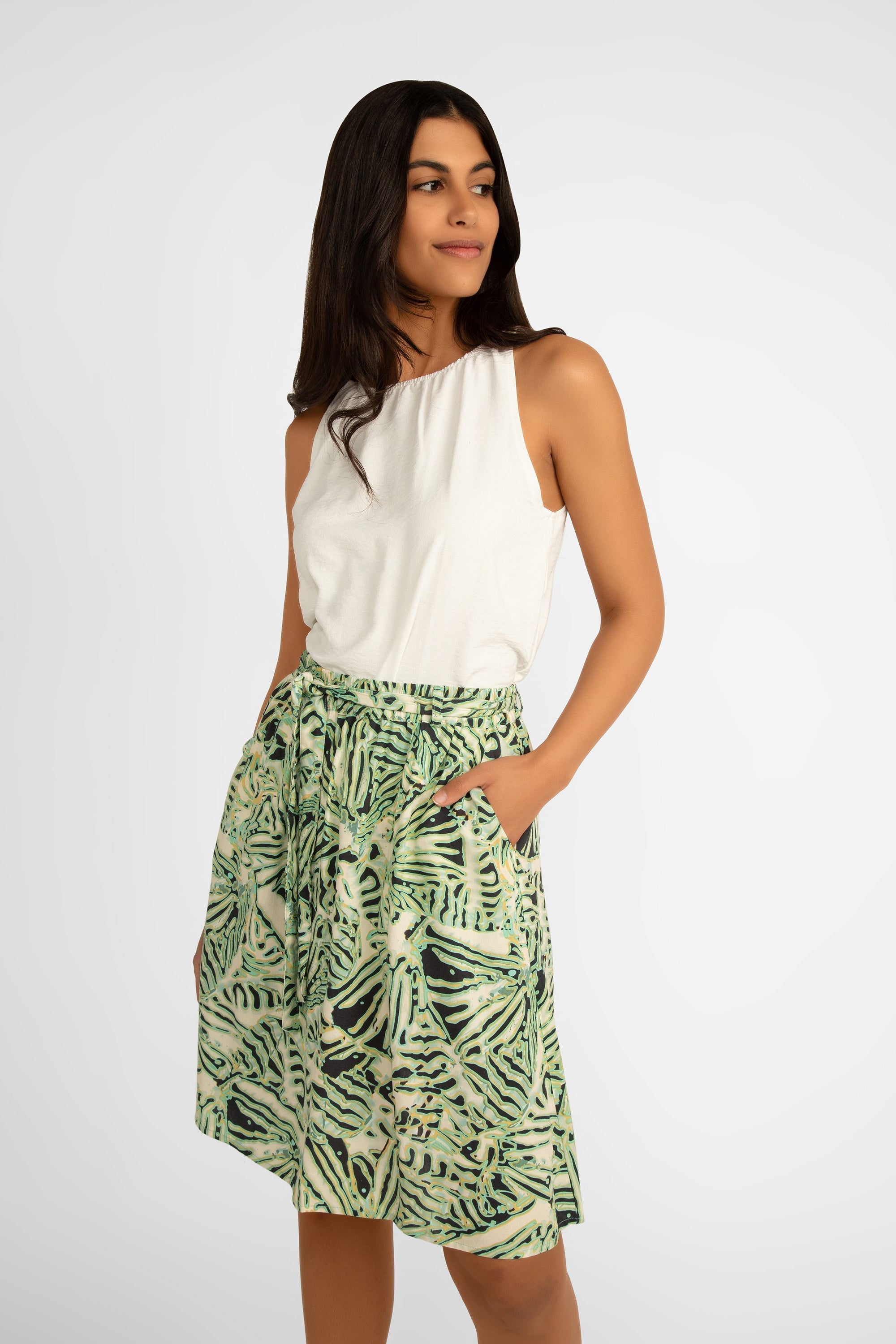Soya Concept (40628) Aqua Print Knee Length Skirt with Removeable Tie Belt 
