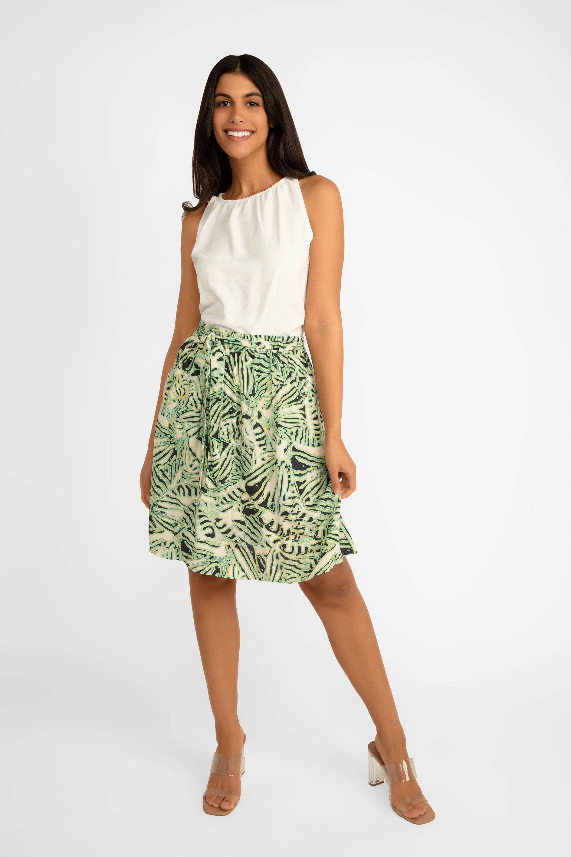 Soya Concept (40628) Aqua Print Knee Length Skirt with Removeable Tie Belt 
