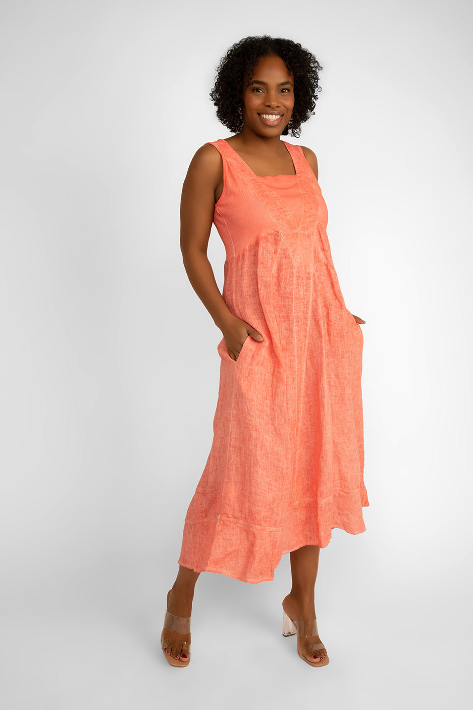 Carre Noir (6807) Sleeveless Square Neck Garment Dye Linen Dress in Coral