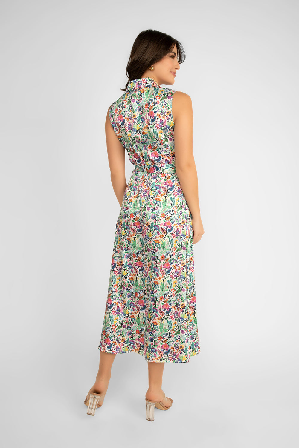 Back view of Carre Noir (6861) Women's Sleeveless Multi-Coloured Floral Shirt Dress With Midi Length A-Line Skirt and Belted Waist