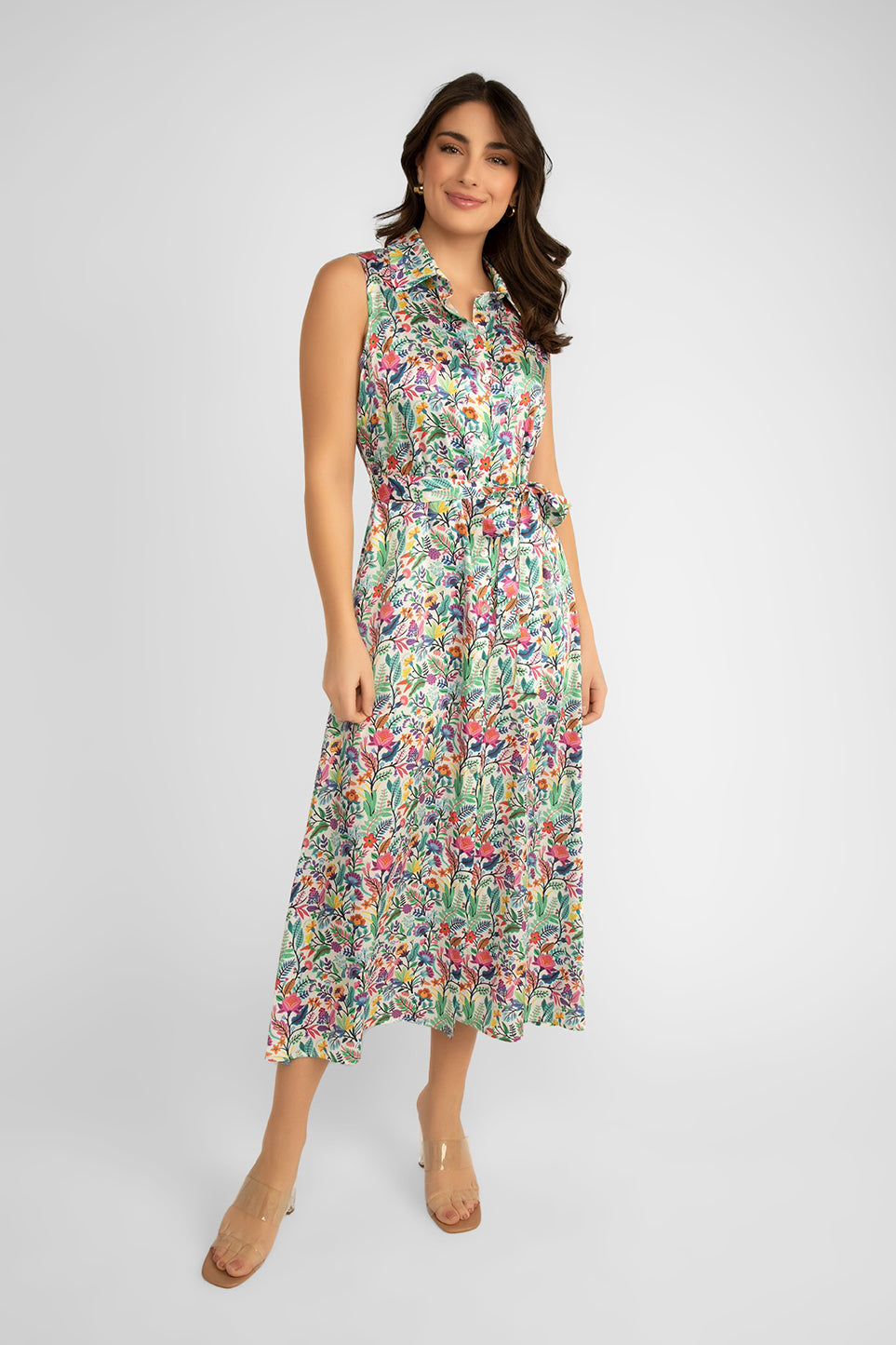 Front of Carre Noir (6861) Women's Sleeveless Multi-Coloured Floral Shirt Dress With Midi Length A-Line Skirt and Belted Waist