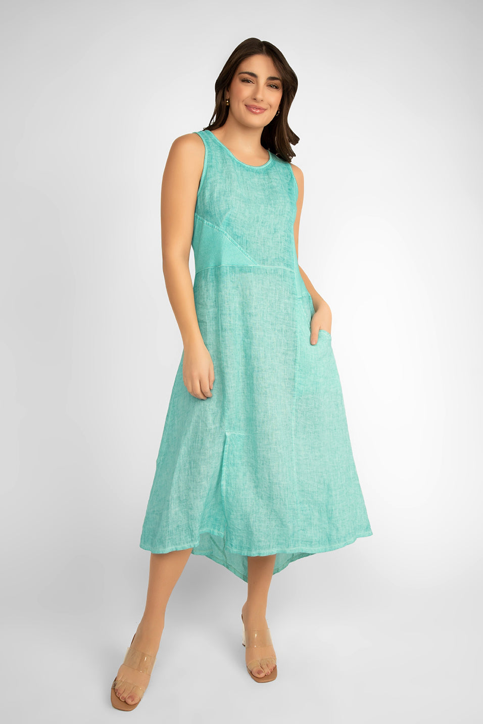 Carre Noir (6923) Women's Sleeveless Round Neck Garment Dyed Linen Midi Dress in Aqua Green