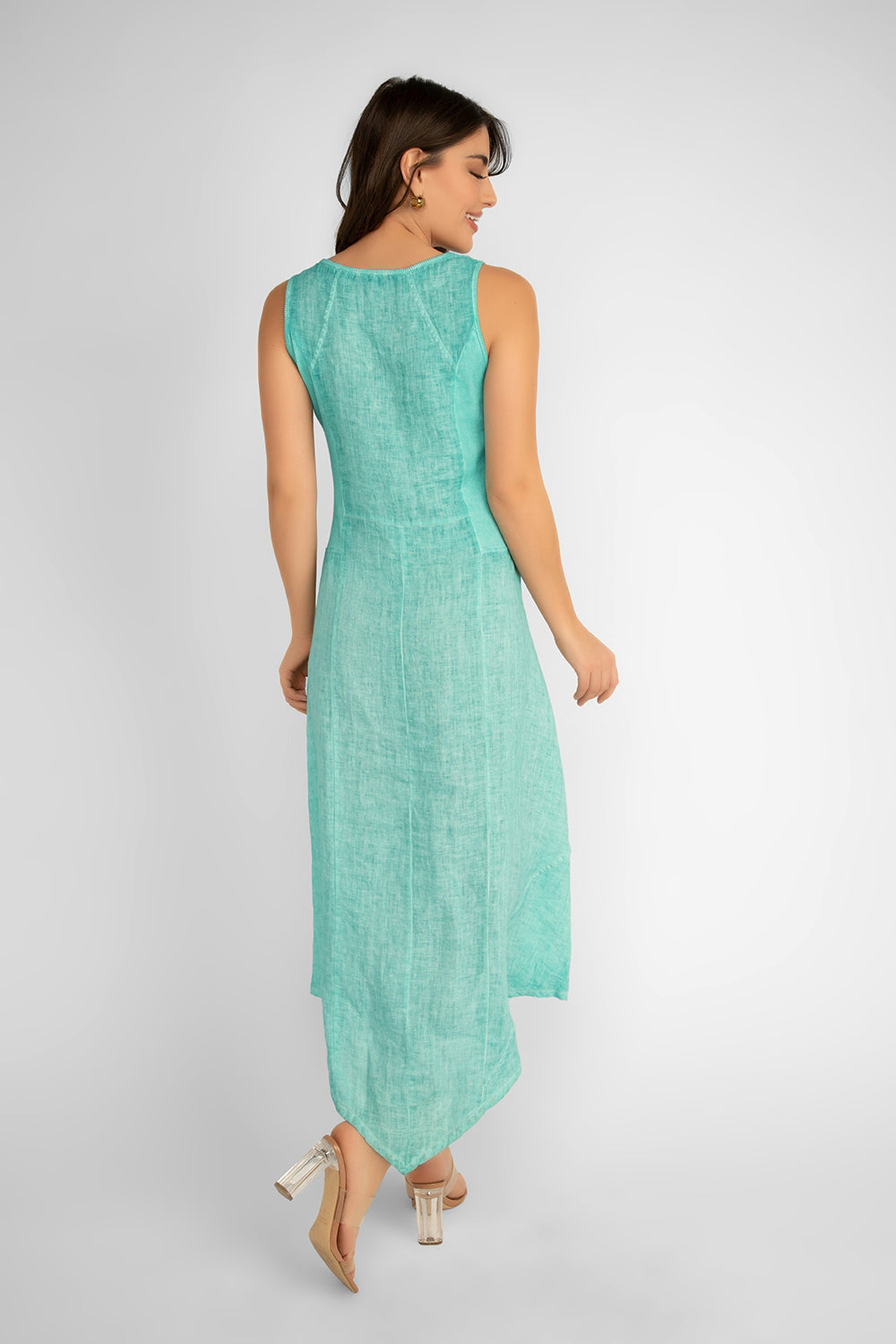 Back view of Carre Noir (6923) Women's Sleeveless Round Neck Garment Dyed Linen Midi Dress in Aqua Green