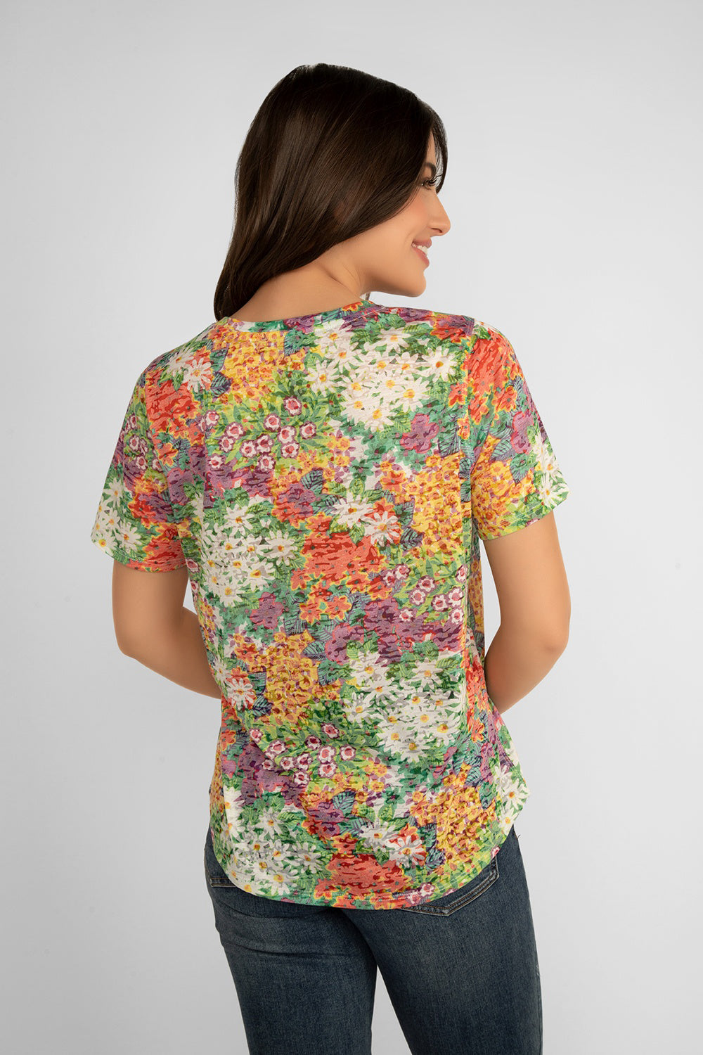 Back view of Carre Noir (6957) women's Short Sleeve V-Neck T-shirt in Multi-coloured Floral Print