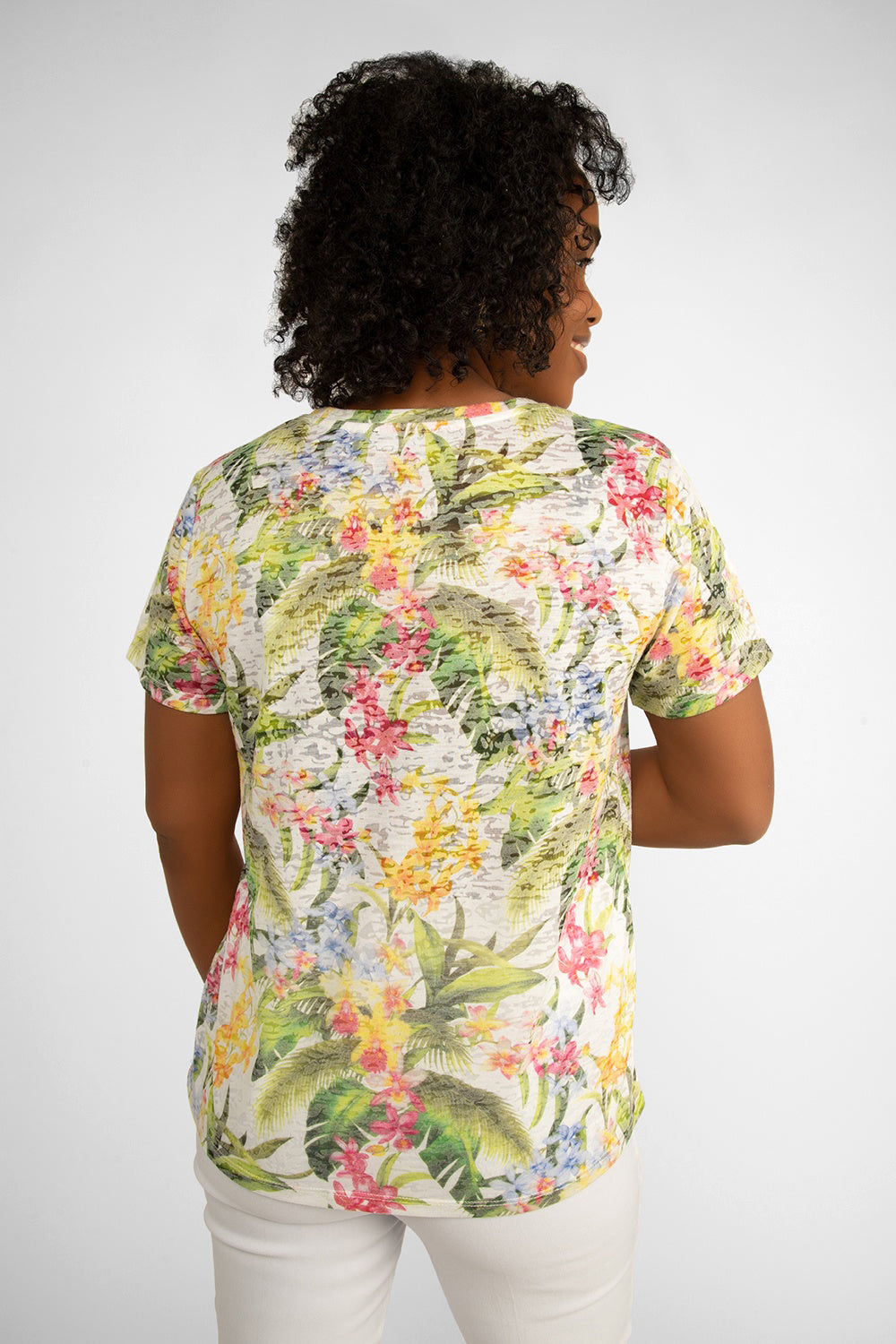 Back view of Carre Noir (6967) women's Short Sleeve Tropical Floral Printed T-shirt