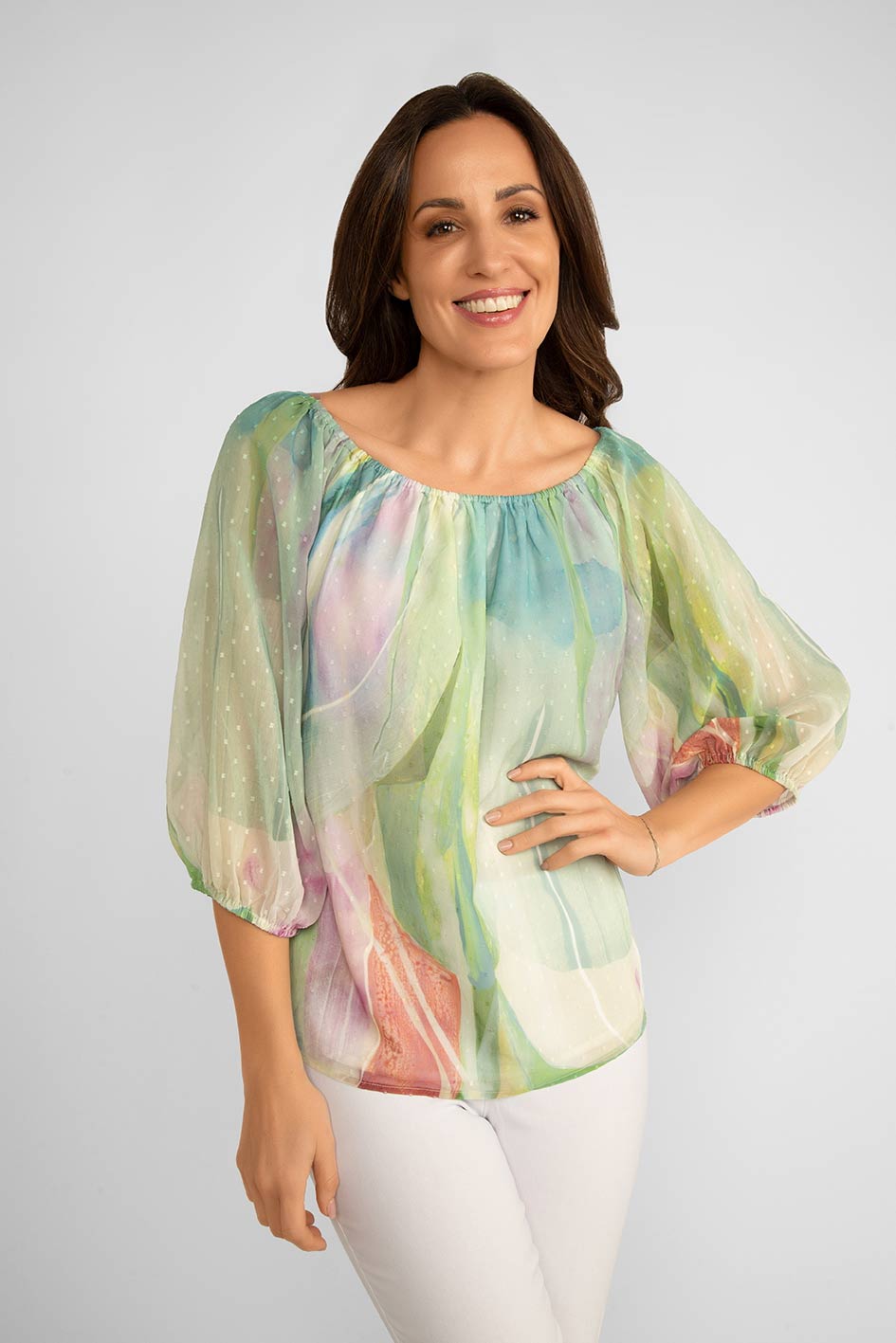 Claire Desjardins (91438) Women's 3/4 Puff Sleeve Pastel Green Off Shoulder Blouse Made in Textured Chiffon