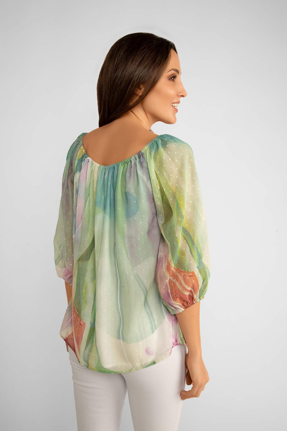 Claire Desjardins (91438) Women's 3/4 Puff Sleeve Pastel Green Off Shoulder Blouse Made in Textured Chiffon.