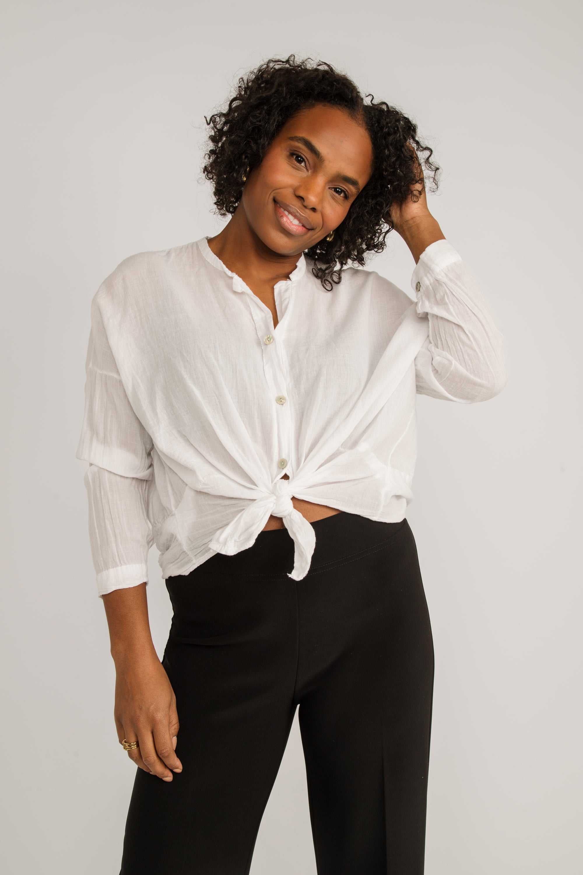 Julietta (10-A3320-M2) Women's Long Sleeve Button up Tie Front Blouse with Split V-Neck in White