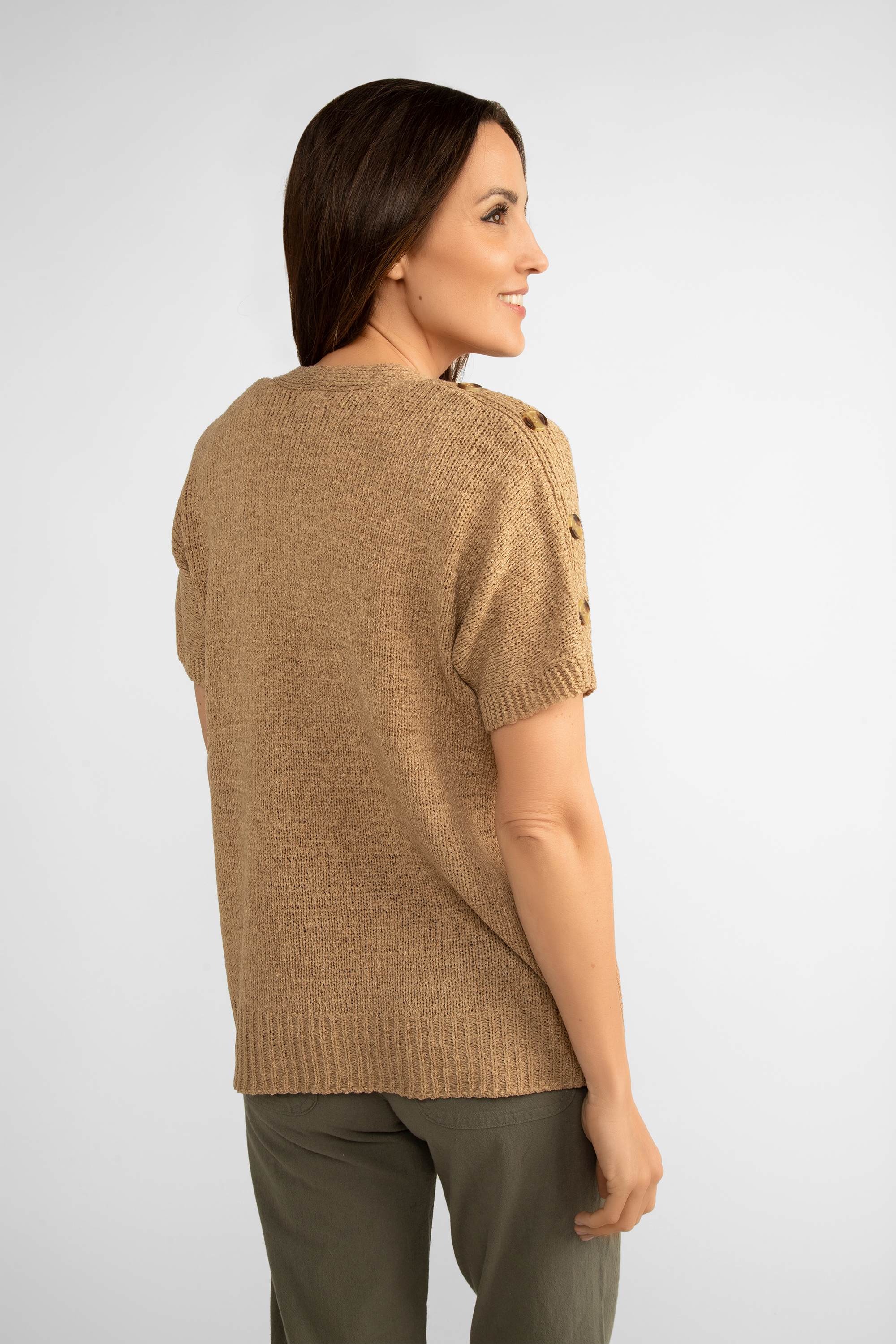 Back view of Spence Women's Short Sleeve Button Shoulder Open Cardigan in Cornstalk Brown