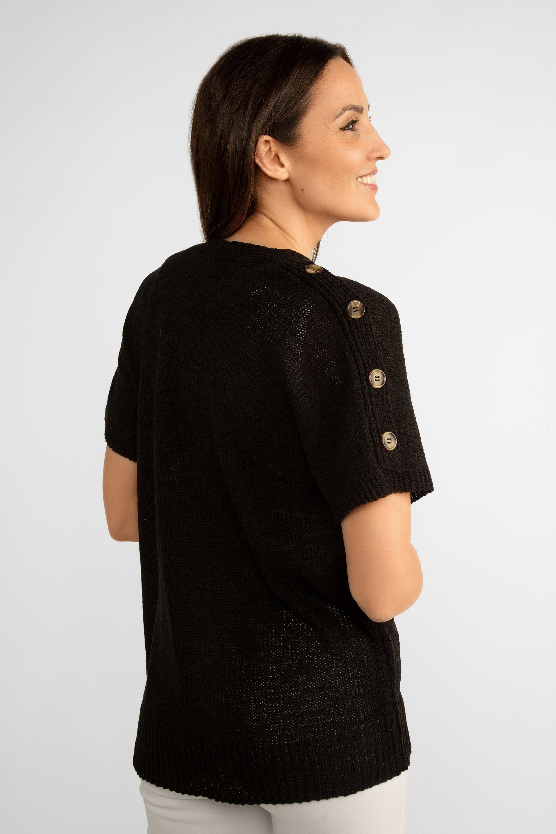 Back view of Spence Women's Short Sleeve Button Shoulder Open Cardigan in Black