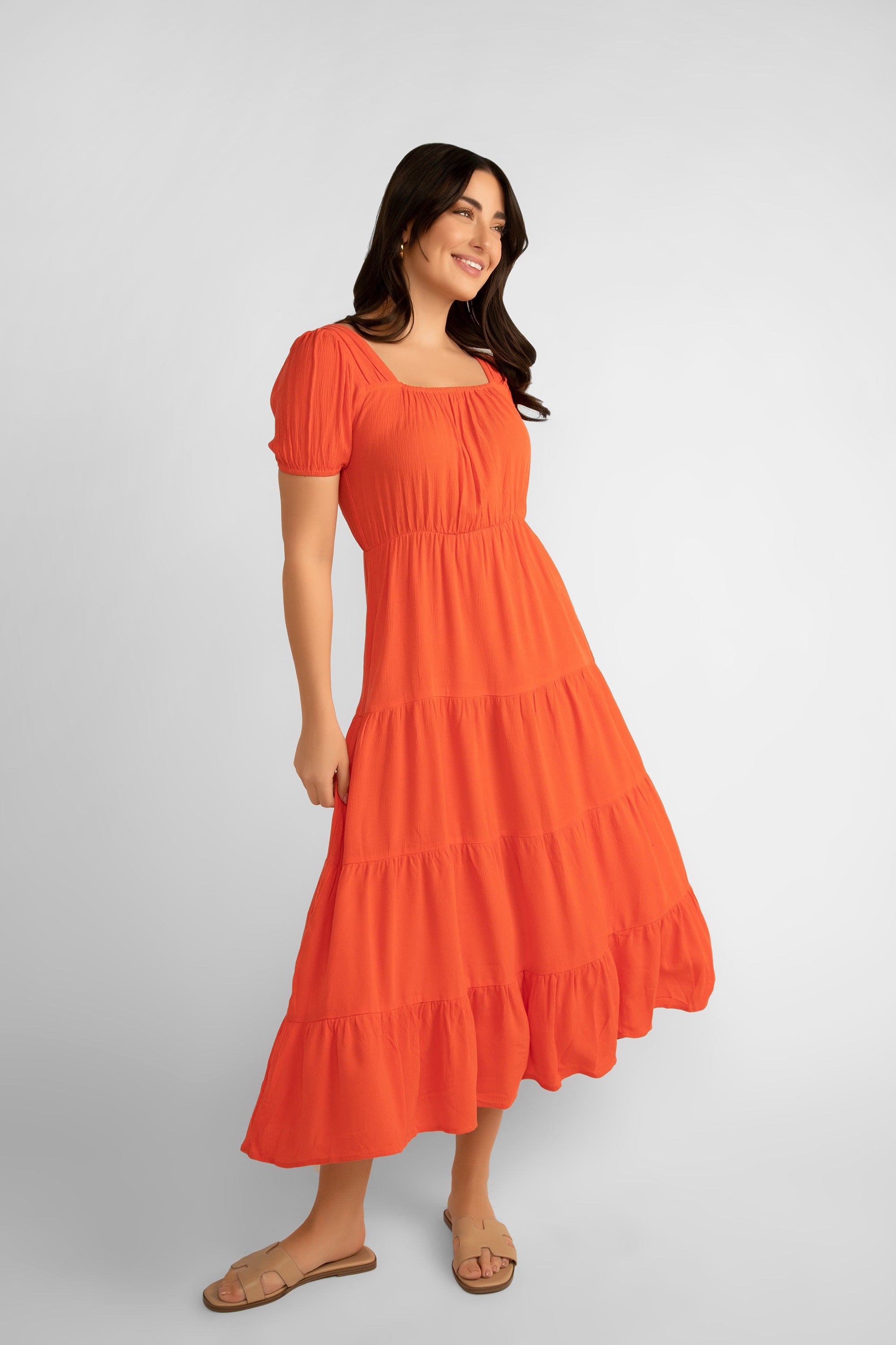 Pink Martini (DR-230524) Women's Square Neck, Short Puff Sleeve Tiered Midi Dress in Orange