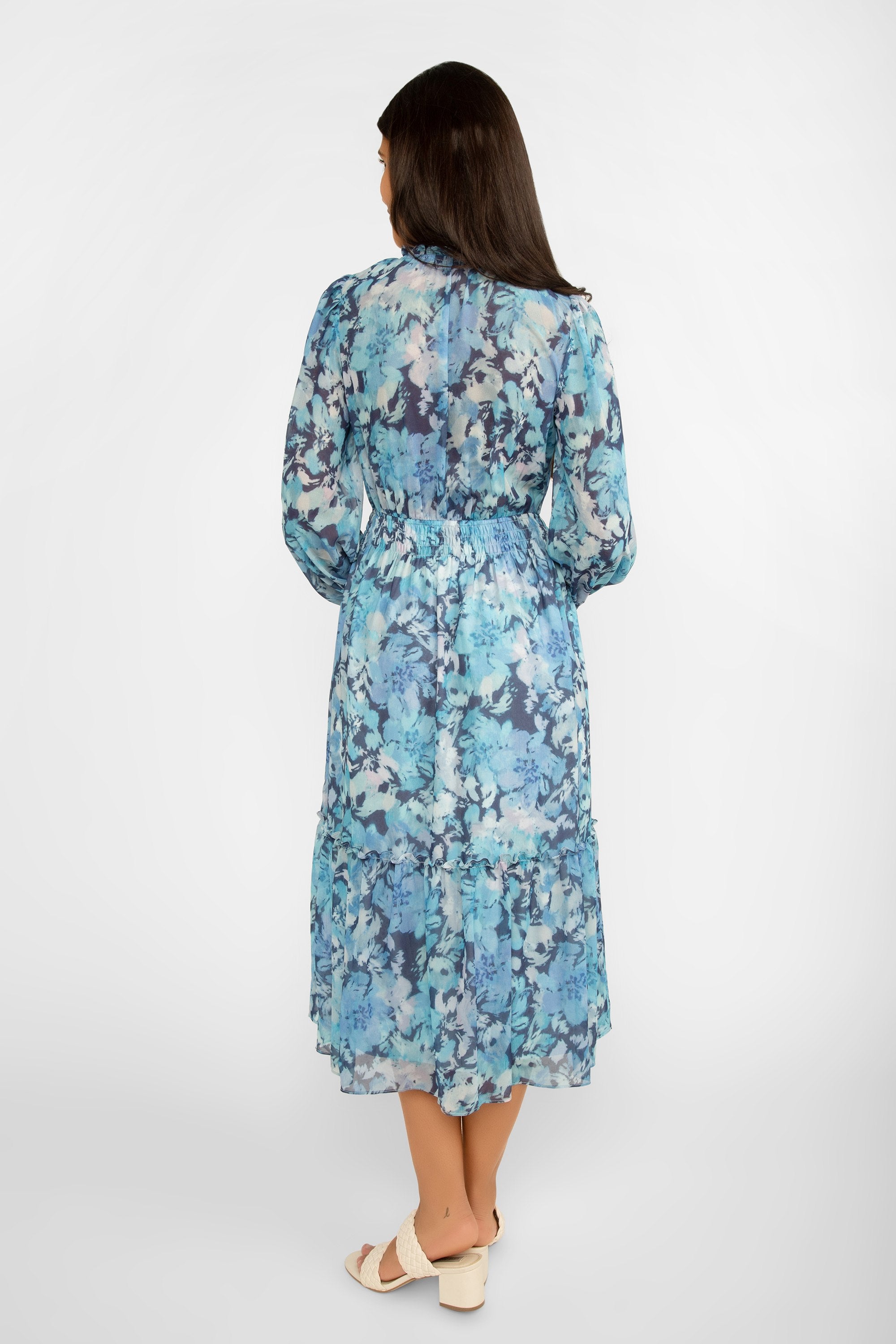 Lucy Paris (DR2100) Women's Long Sleeve Blue Printed Chiffon Midi Dress