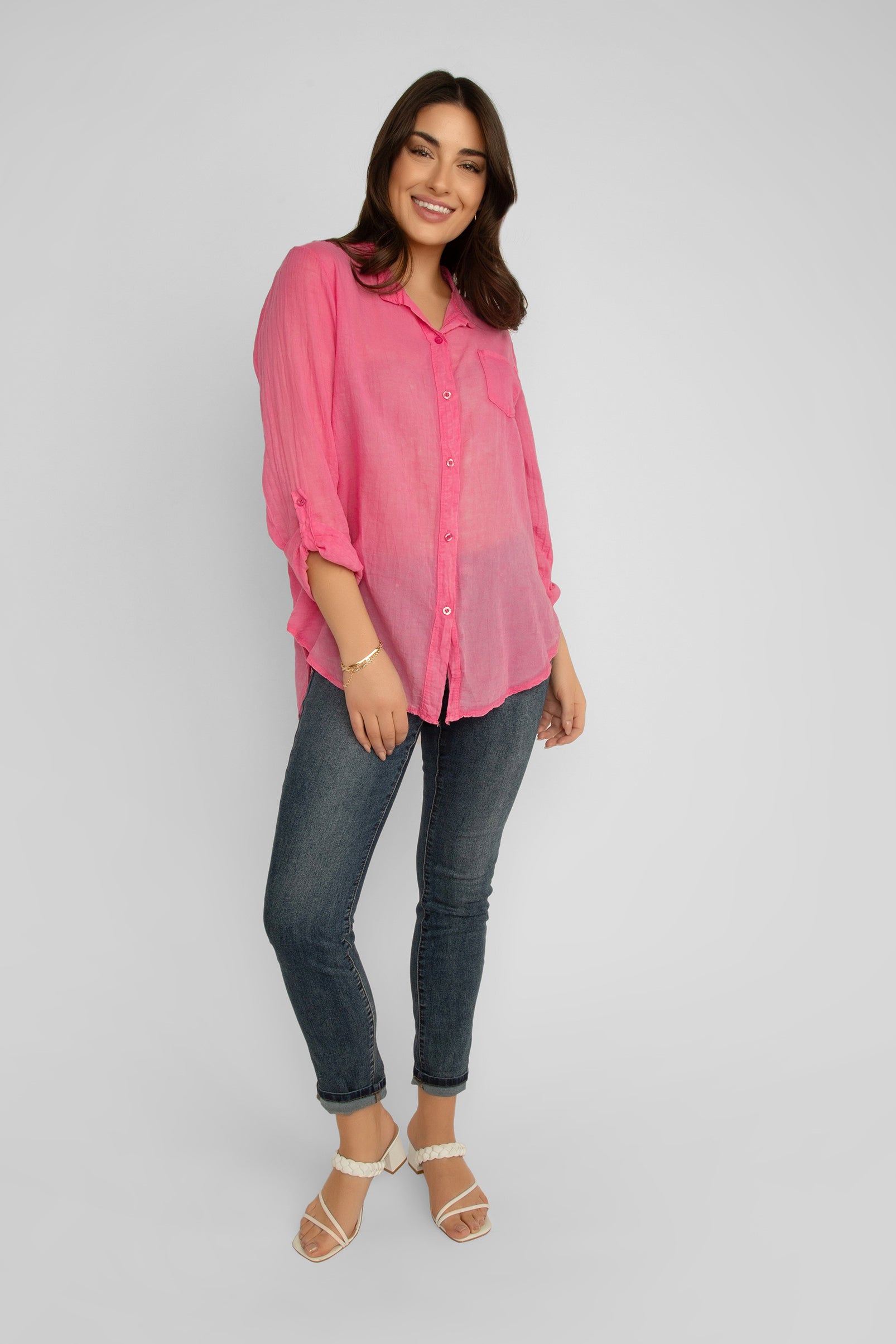 Front view of Elissia (EL847102) Women's Long Sleeve Button Up Shirt With Band Collar and Optional Front Tie in Pink