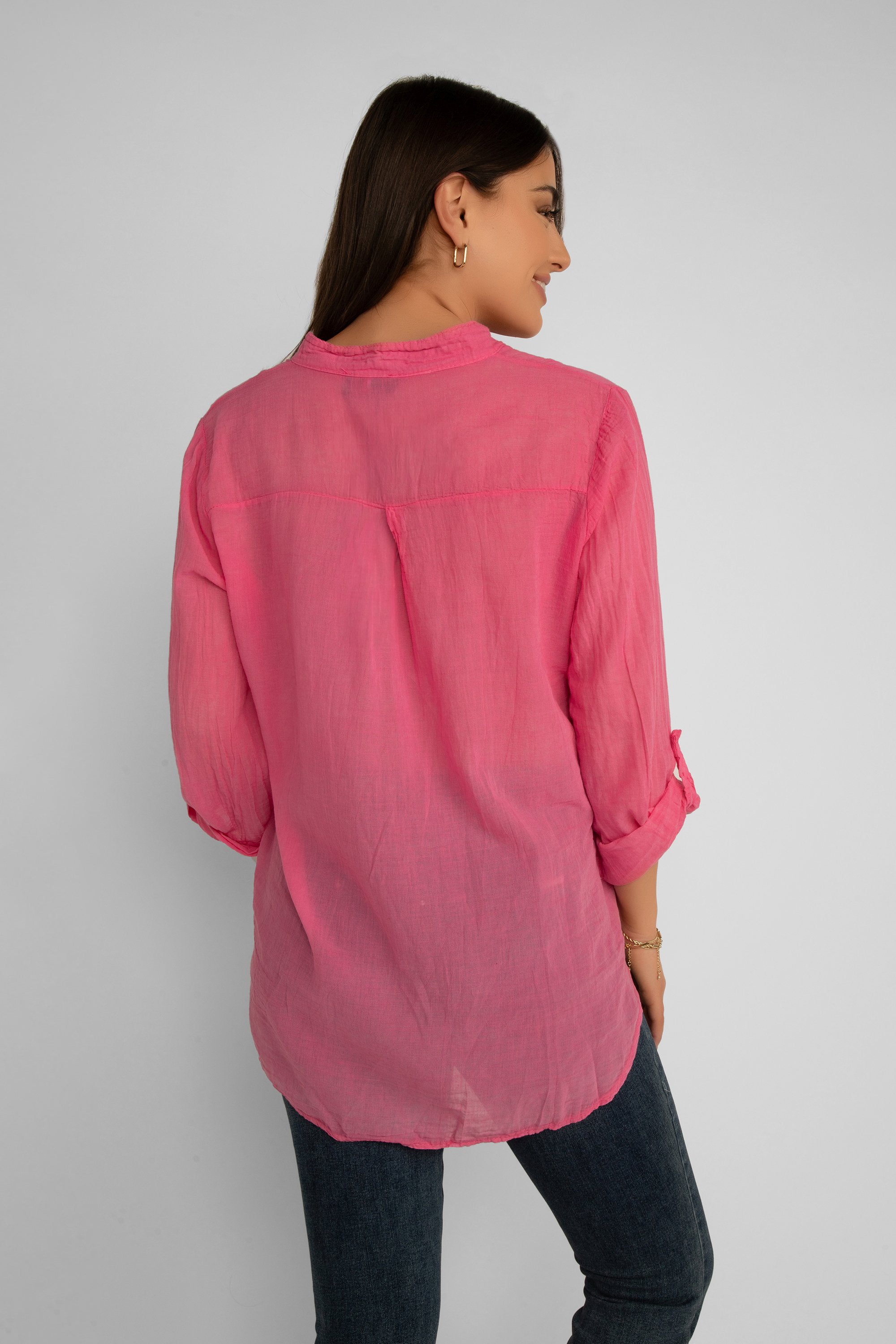 Back view of Elissia (EL847102) Women's Long Sleeve Button Up Shirt With Band Collar and Optional Front Tie in Pink