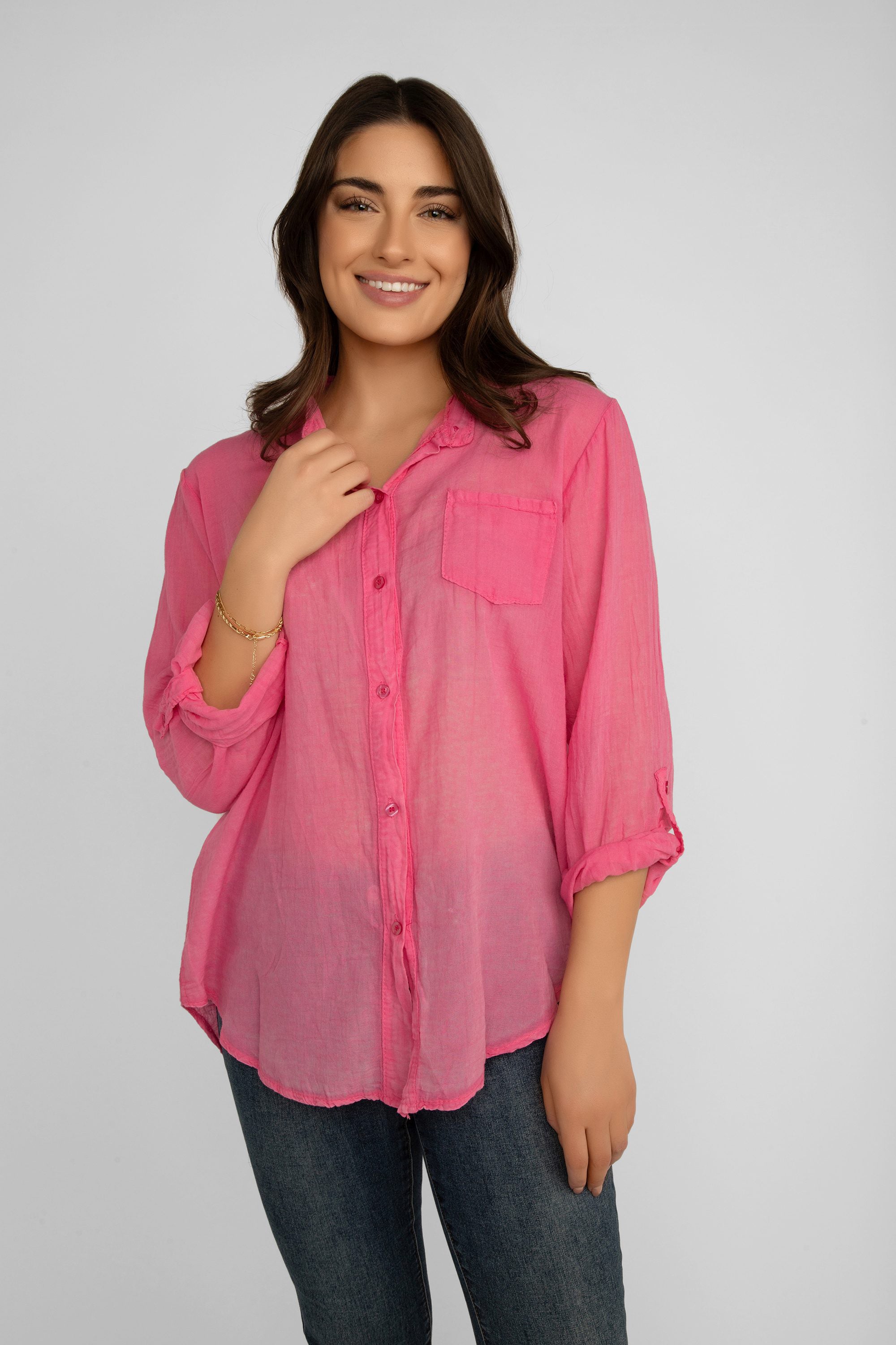 Front view of Elissia (EL847102) Women's Long Sleeve Button Up Shirt With Band Collar and Optional Front Tie in Pink