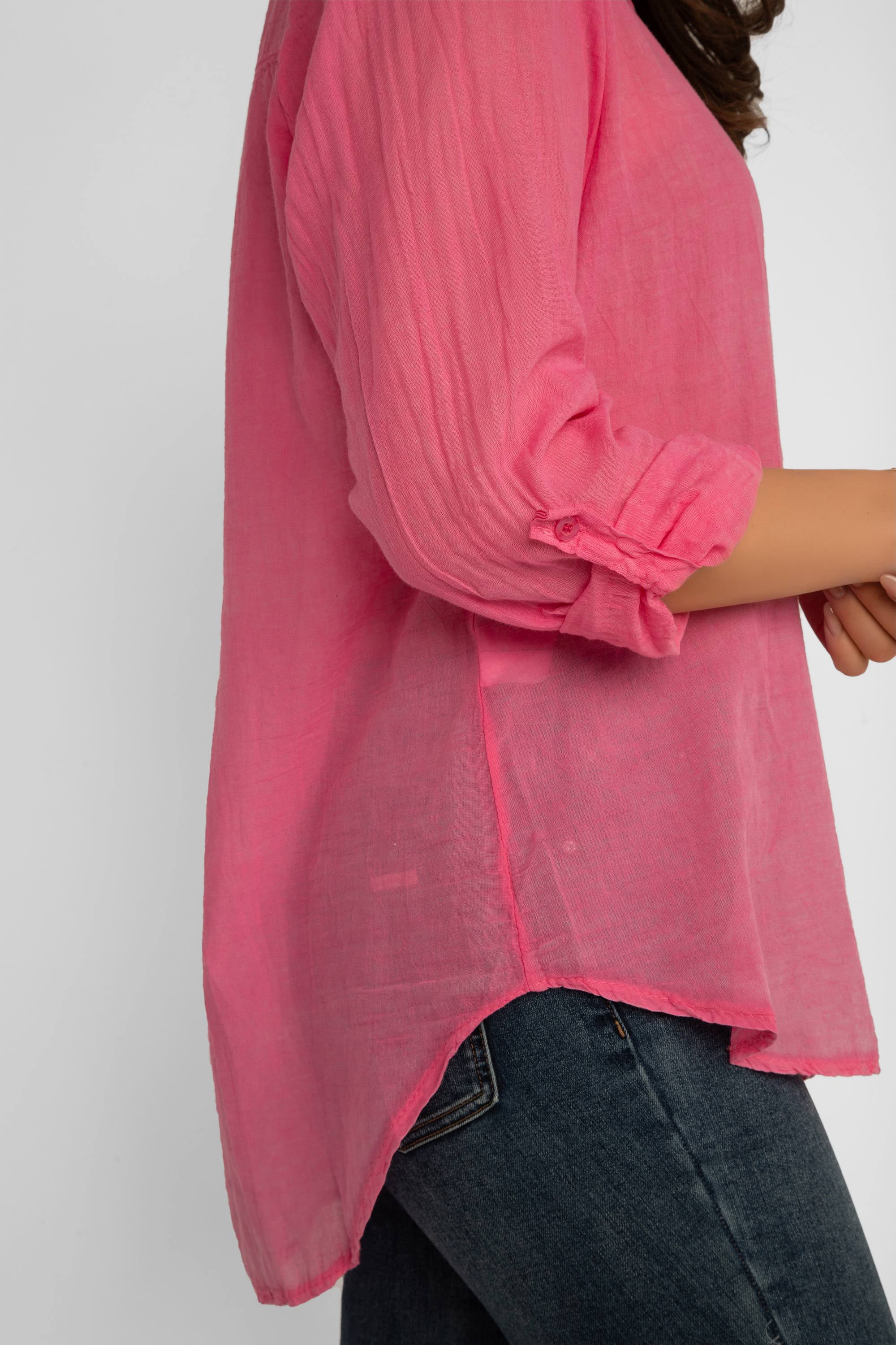 Side view of Elissia (EL847102) Women's Long Sleeve Button Up Shirt With Band Collar and Optional Front Tie in Pink