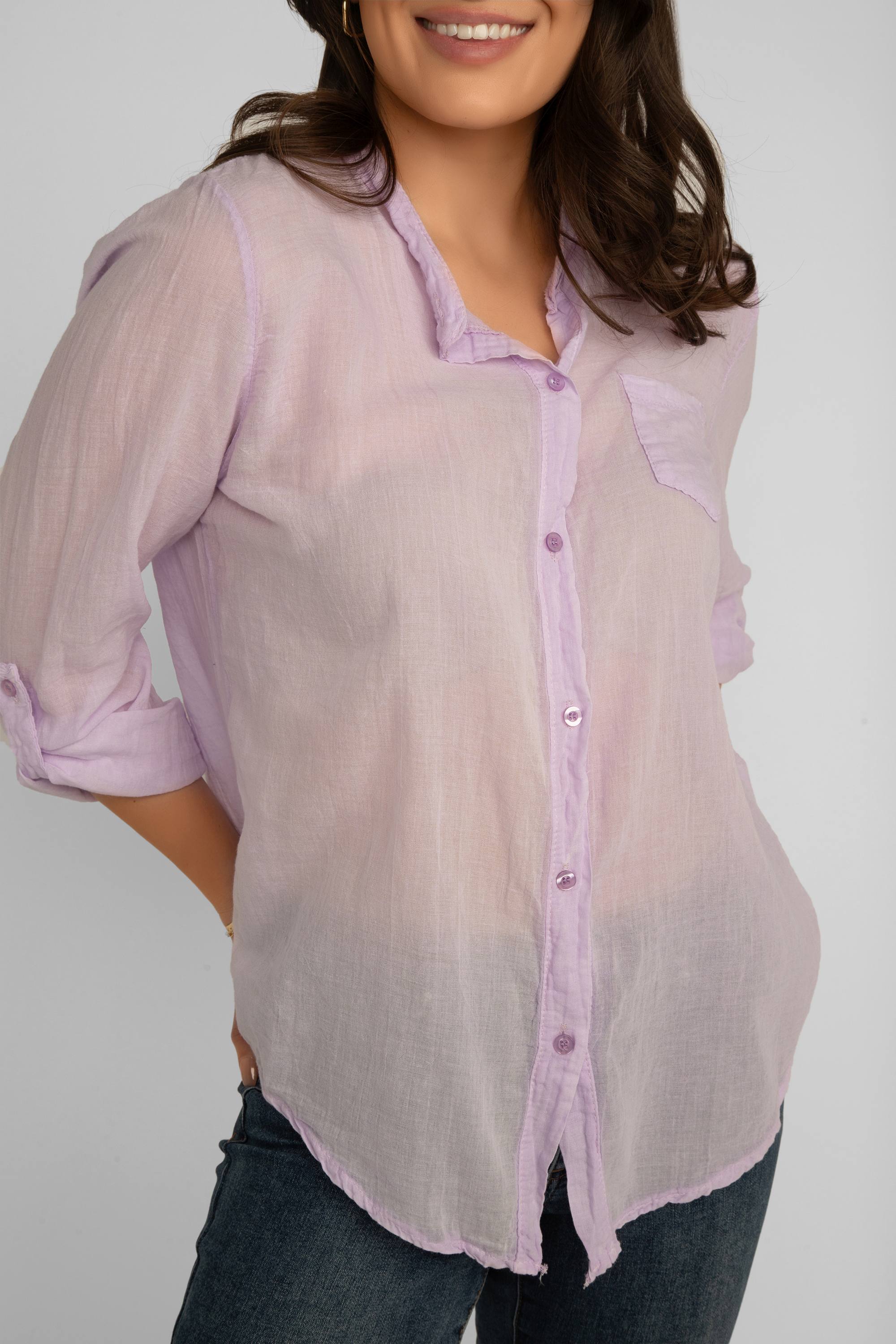 Close up of front view of Elissia (EL847102) Women's Long Sleeve Button Up Shirt With Band Collar and Optional Front Tie in Light Purple