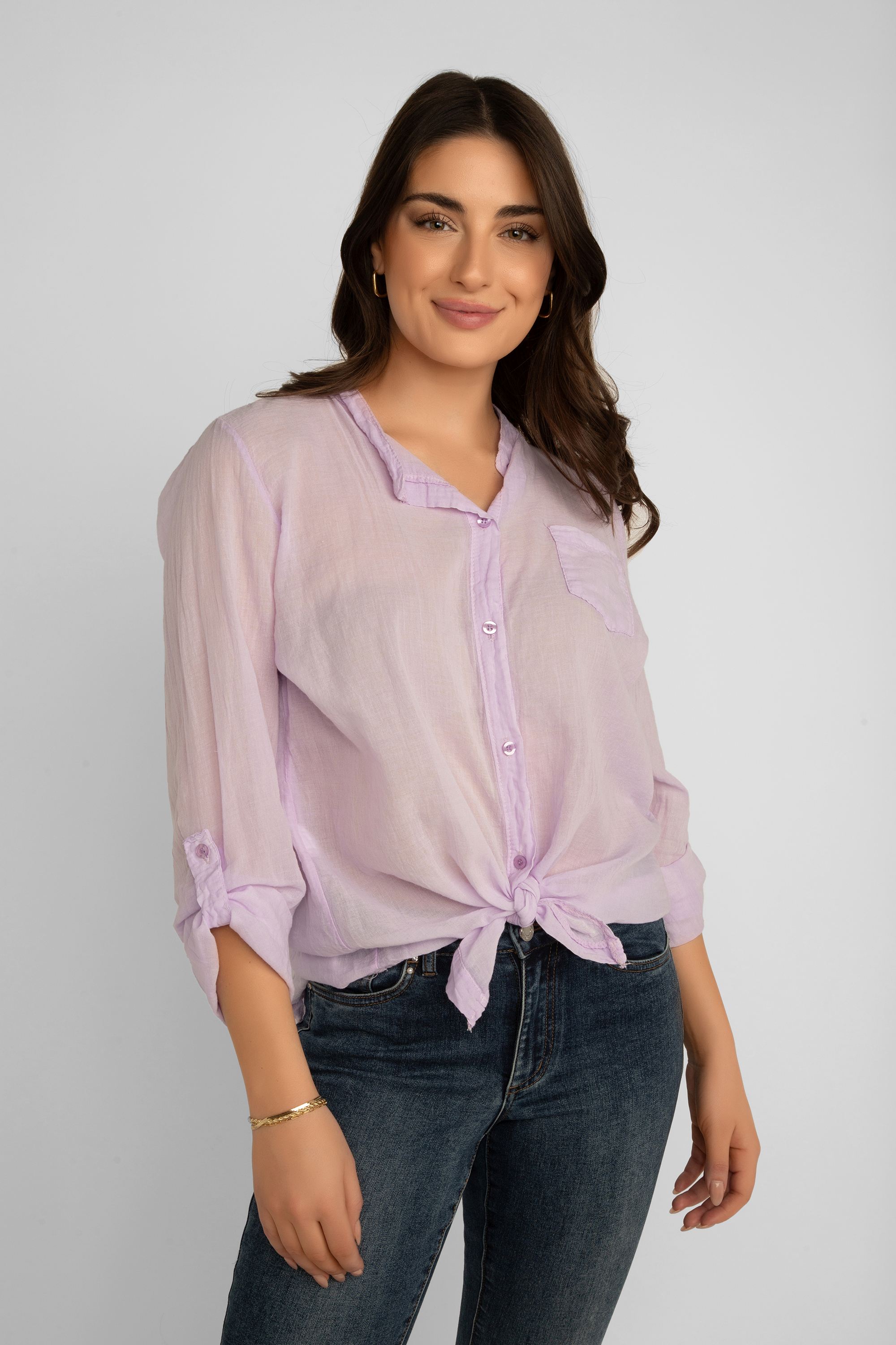 Front view of Elissia (EL847102) Women's Long Sleeve Button Up Shirt With Band Collar and Optional Front Tie in Light Purple