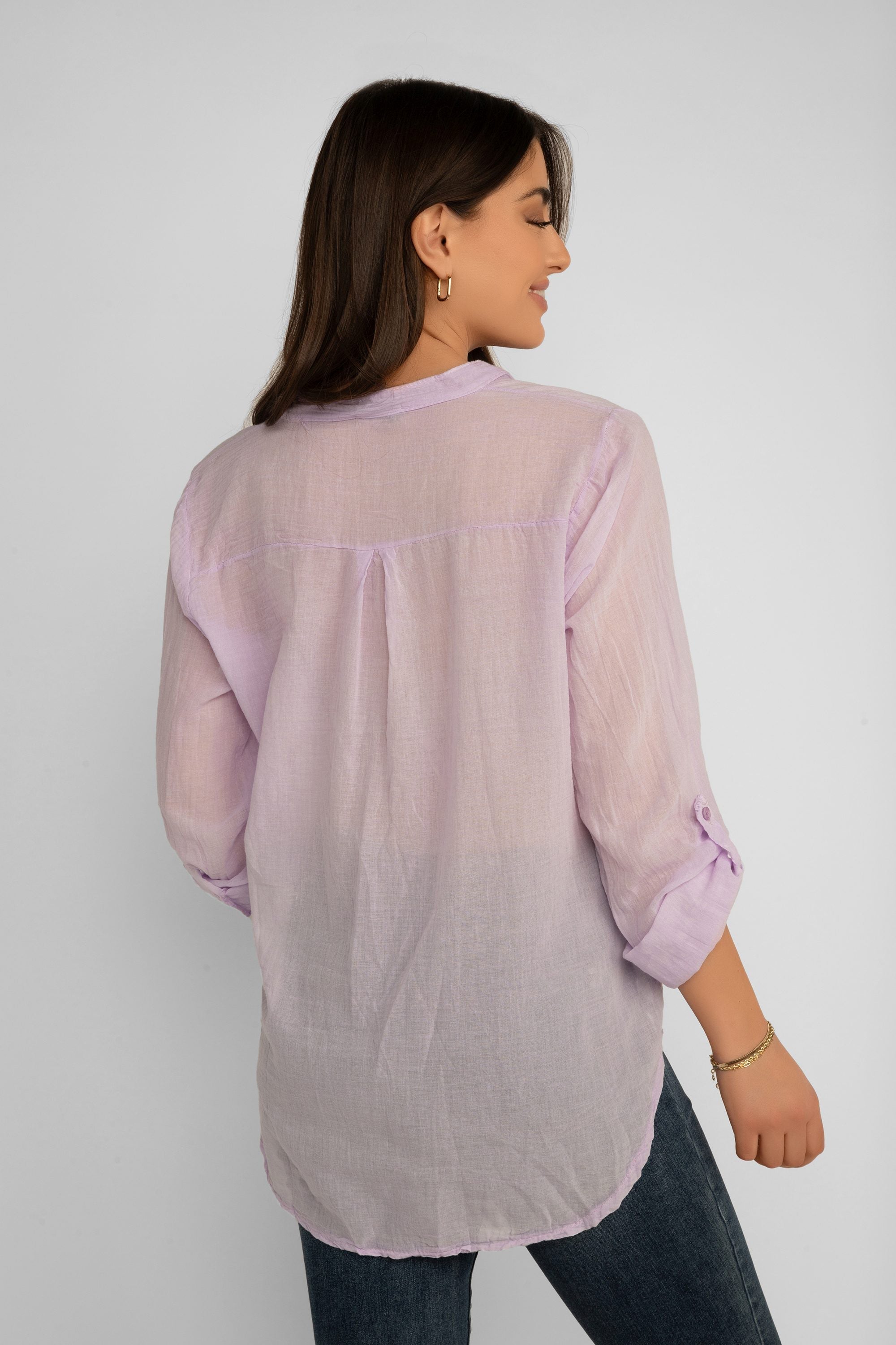 Back view of Elissia (EL847102) Women's Long Sleeve Button Up Shirt With Band Collar and Optional Front Tie in Light Purple