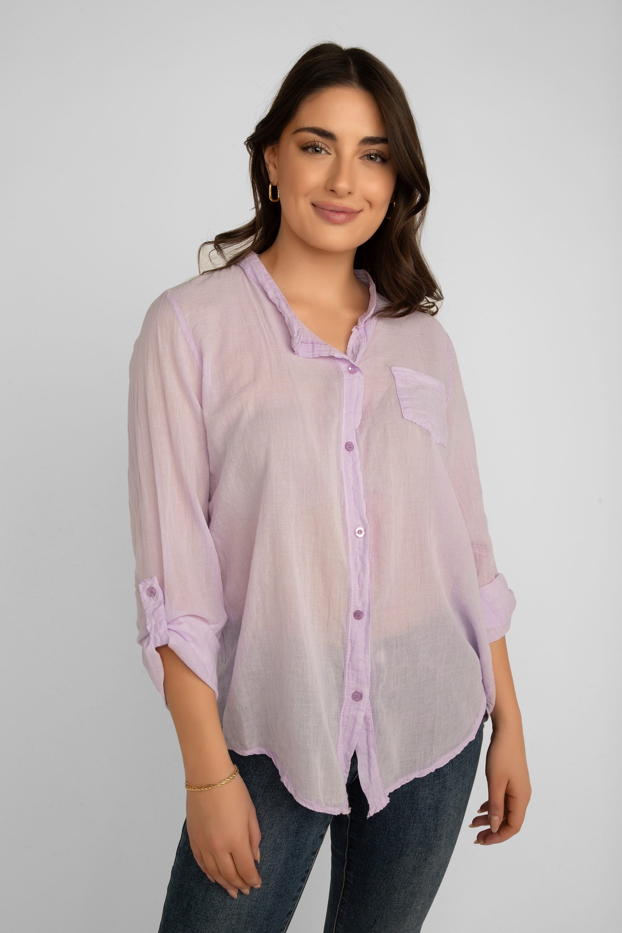 Front view of Elissia (EL847102) Women's Long Sleeve Button Up Shirt With Band Collar and Optional Front Tie in Light Purple