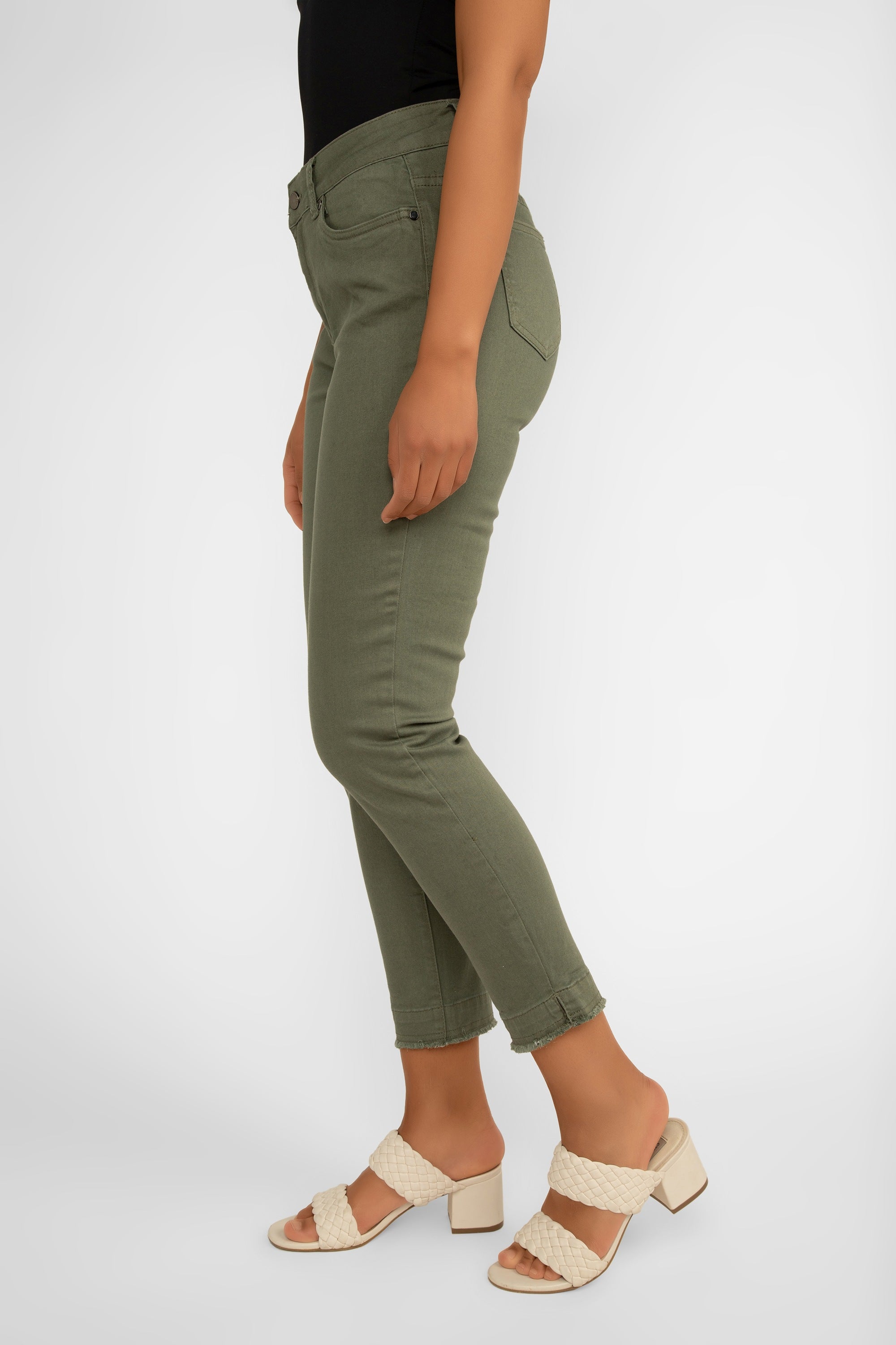 Picadilly (J6051) Women's Slim Fit, Cropped Jeans with Frayed Hem in Khaki Green