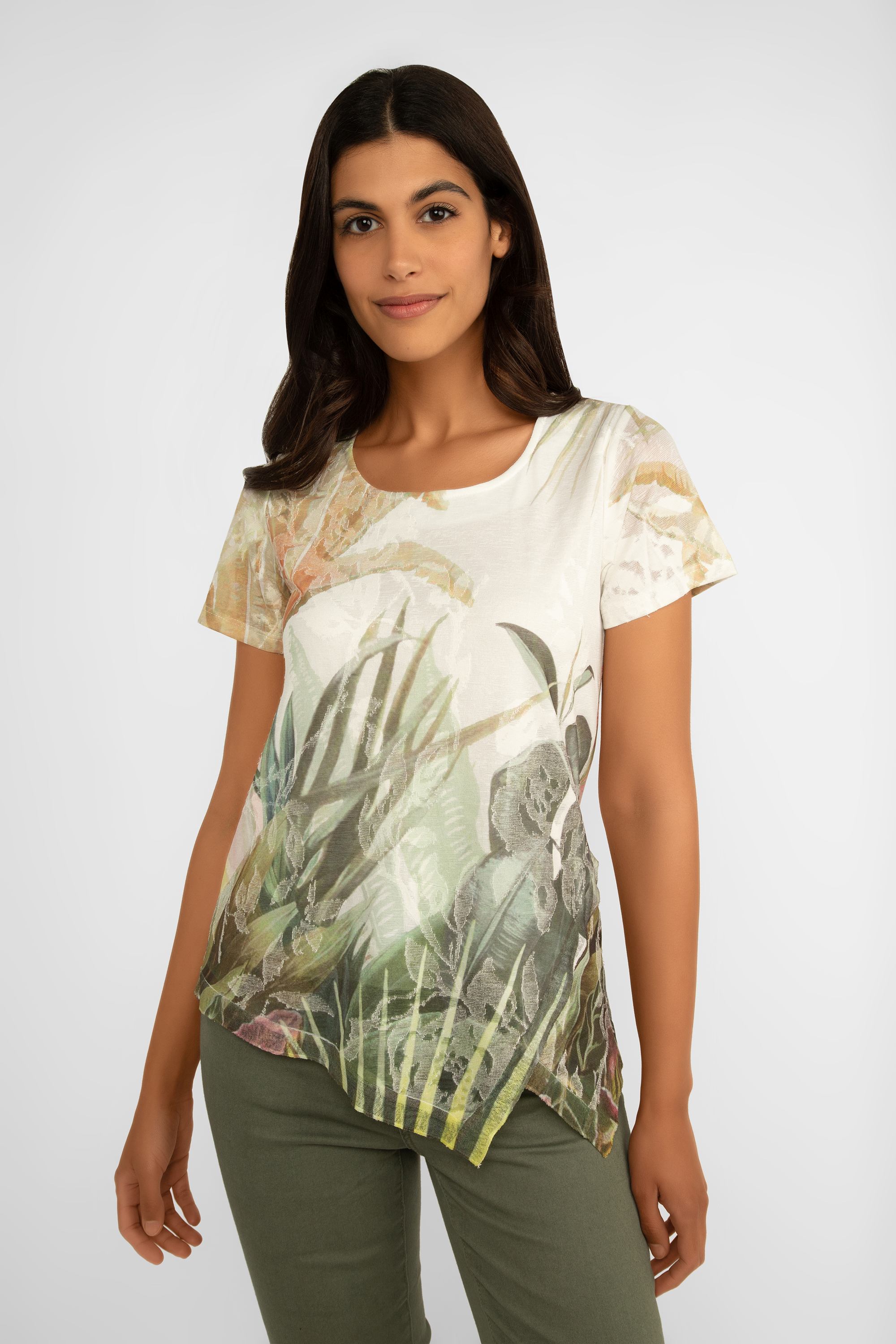 Picadilly (JC765SK) Women's Short Sleeve Asymmetrical Hem Top With an artichoke green foliage print over a cream background