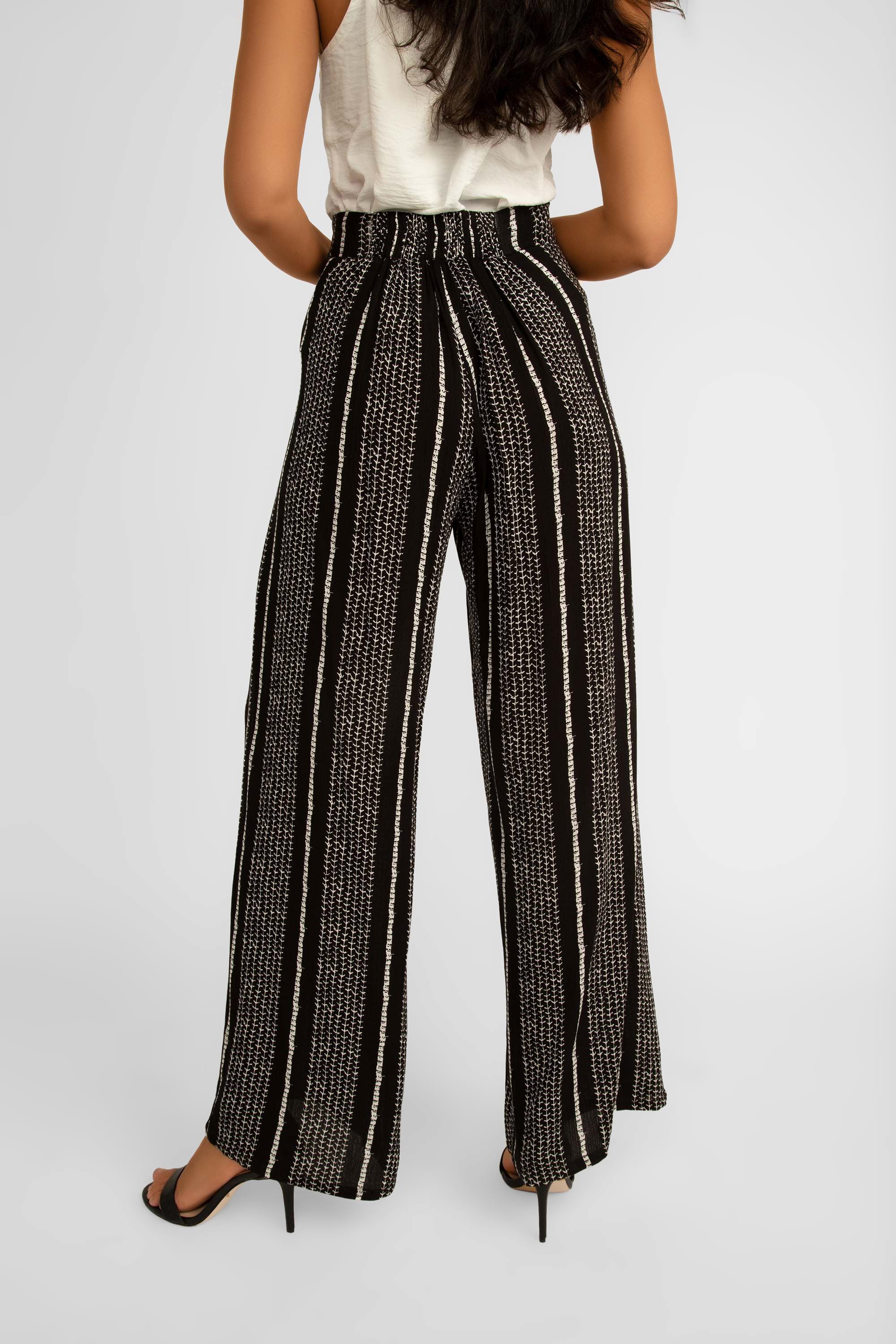Back view of Picadilly (JM085XN) Women's Black & White High Rise Wide Leg Striped Rayon Pants