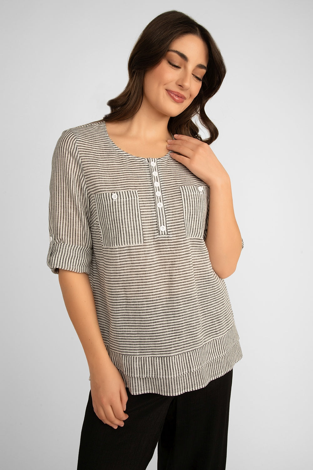 Picadilly (JM182KW) Women's 3/4 Sleeve Striped Cotton Linen Top with Half button open and two chest pockets in Grey and white fine stripes