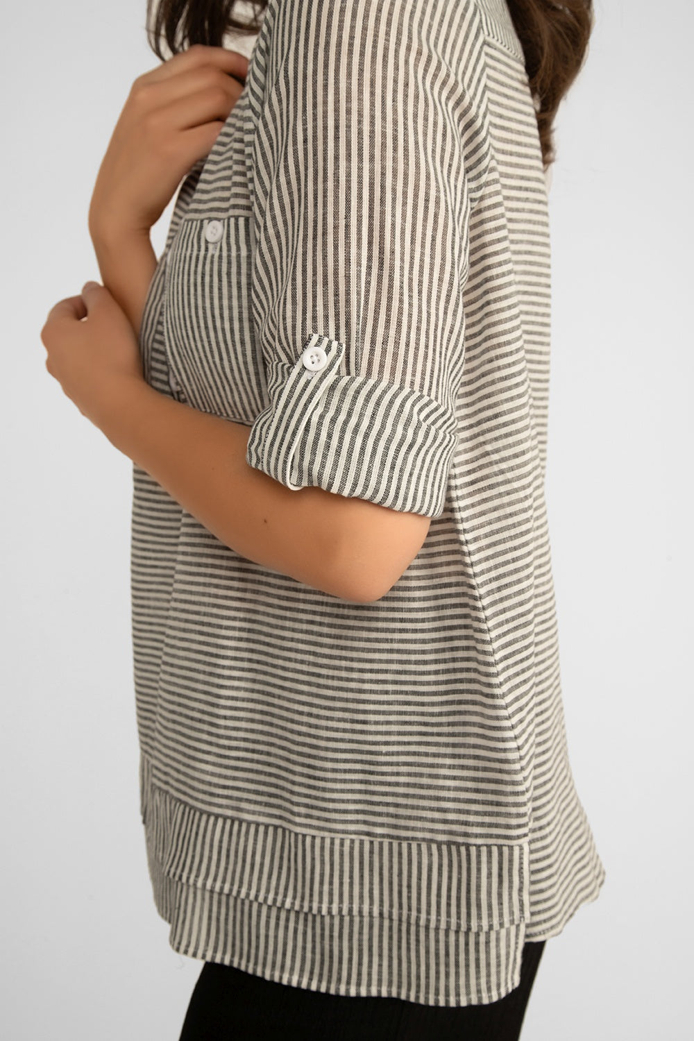Picadilly (JM182KW) Women's 3/4 Sleeve Striped Cotton Linen Top with Half button open and two chest pockets in Grey and white fine stripes