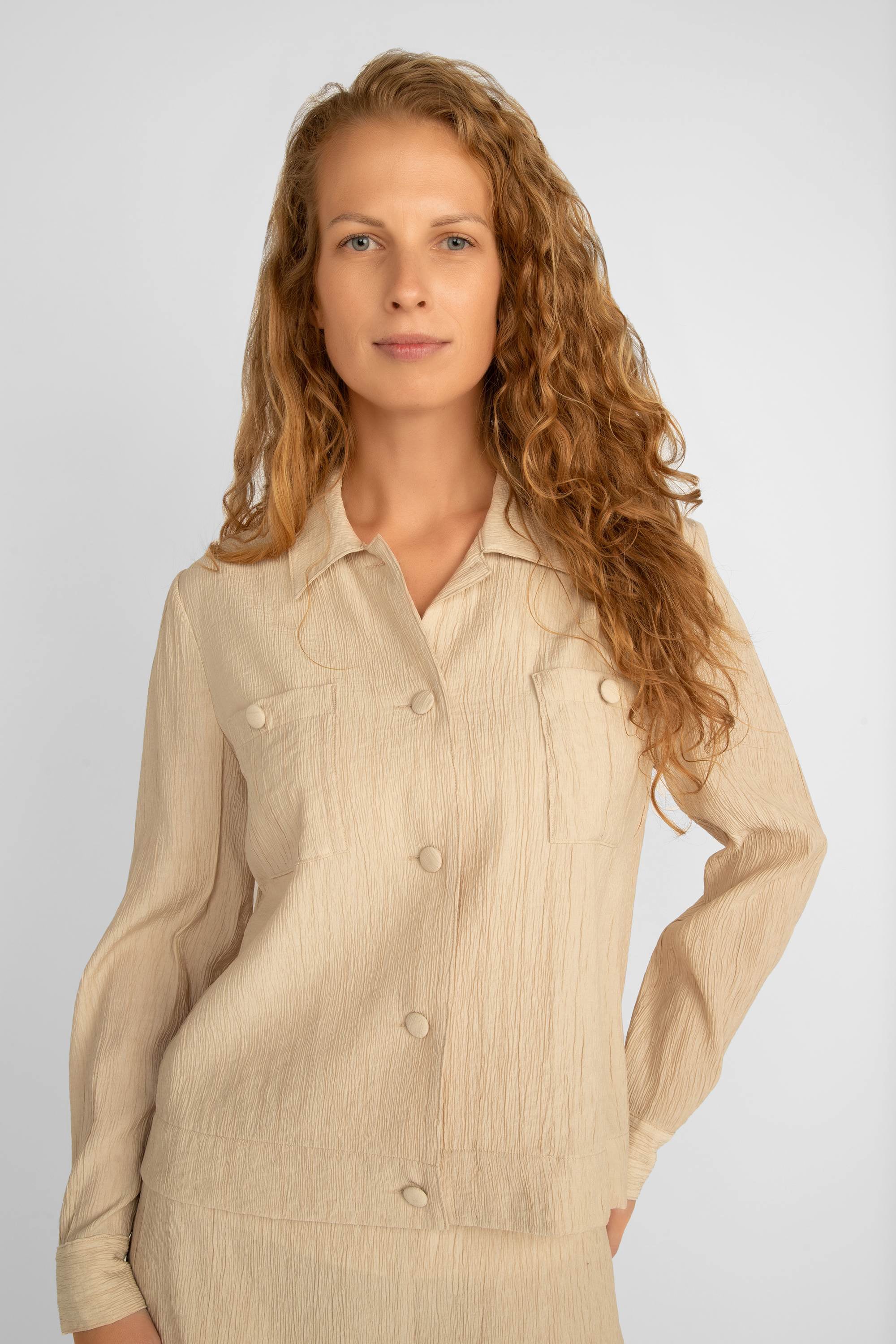 Picadilly (JM581) Women's Long Sleeve Button Front Textured Viscose Jacket in Milk Tea Beige