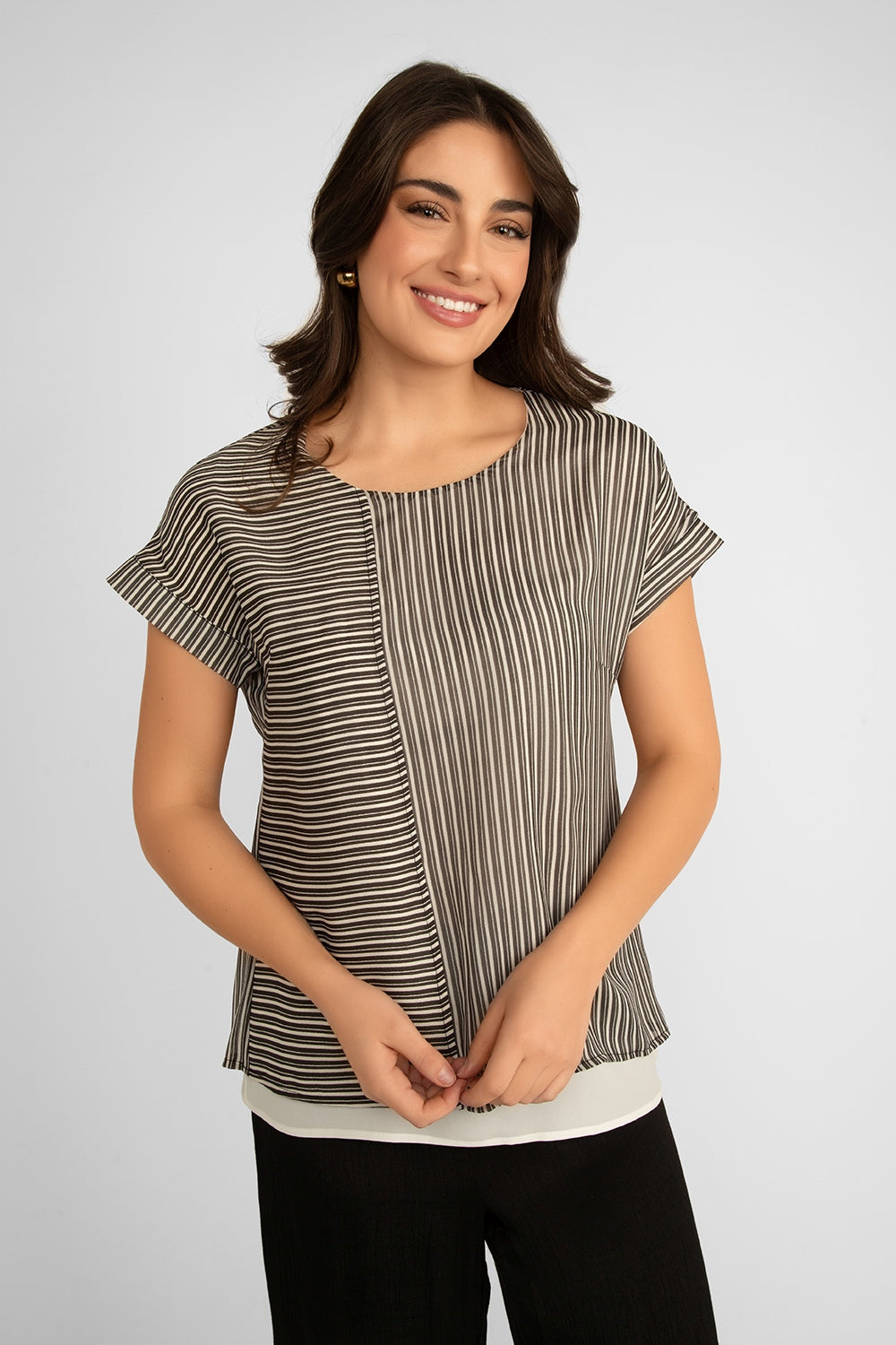 Front view of Picadilly (JS105FN) Women's Short Dolman Sleeve Striped Georgette Layered Blouse in a Black & White Patchwork Striped Print and white under layer