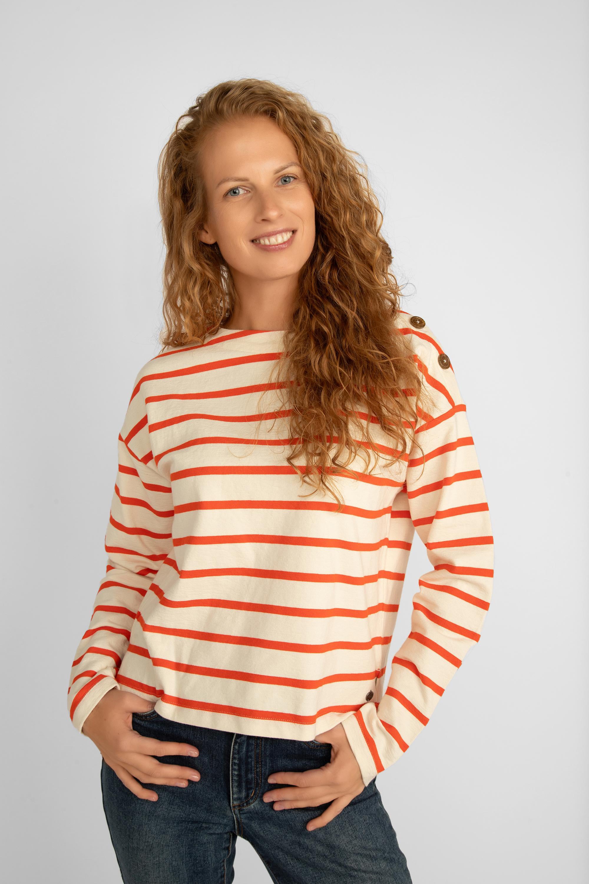 Front view of  Garcia (N40260) Women's Recycled Cotton Boatneck Long Sleeve Top in cream with orange stripes