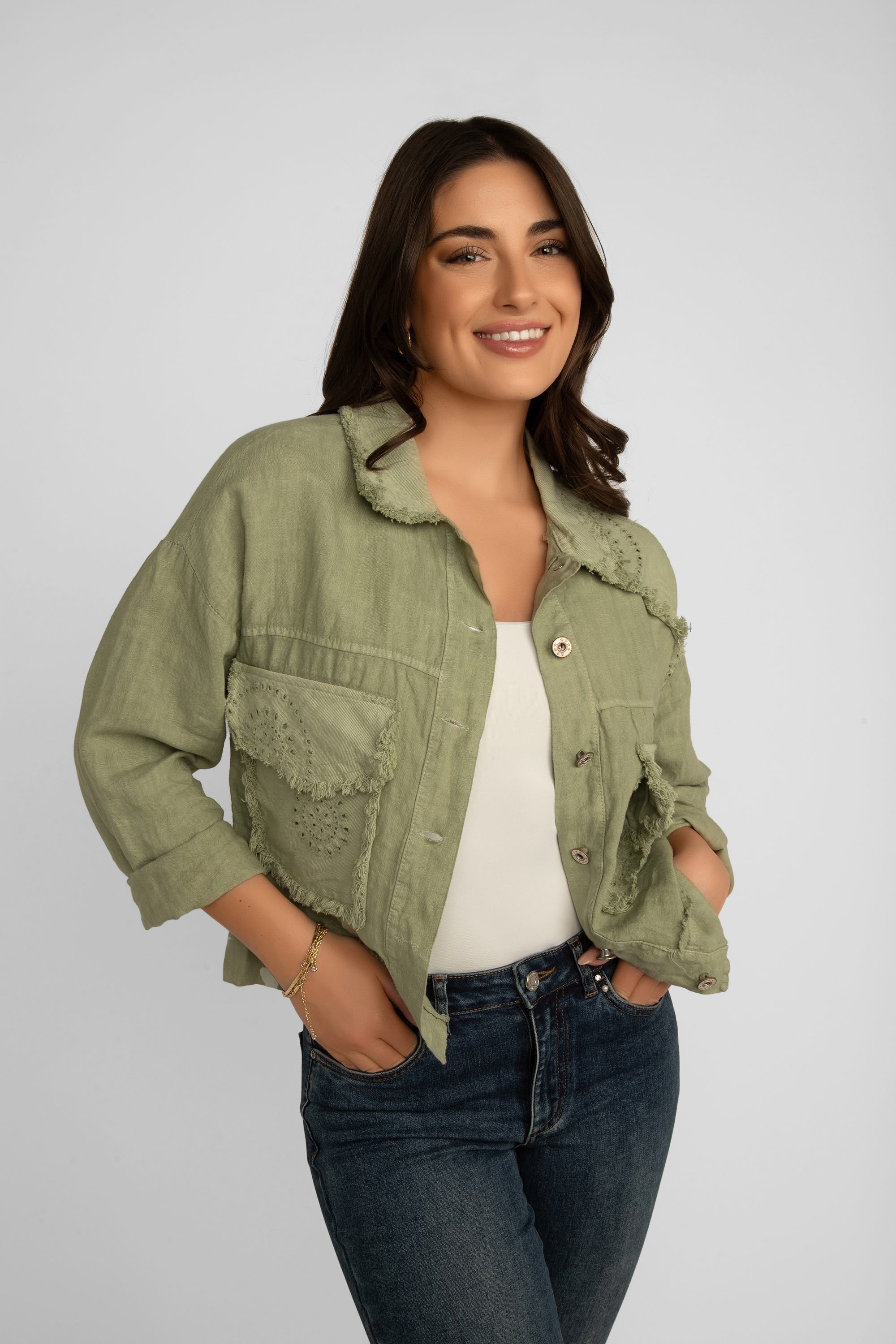 Front view of Elissia (NF20493) Women's Long Sleeve Frayed Hem Patch Pocket Jacket with Eyelet Lace Detail in Olive