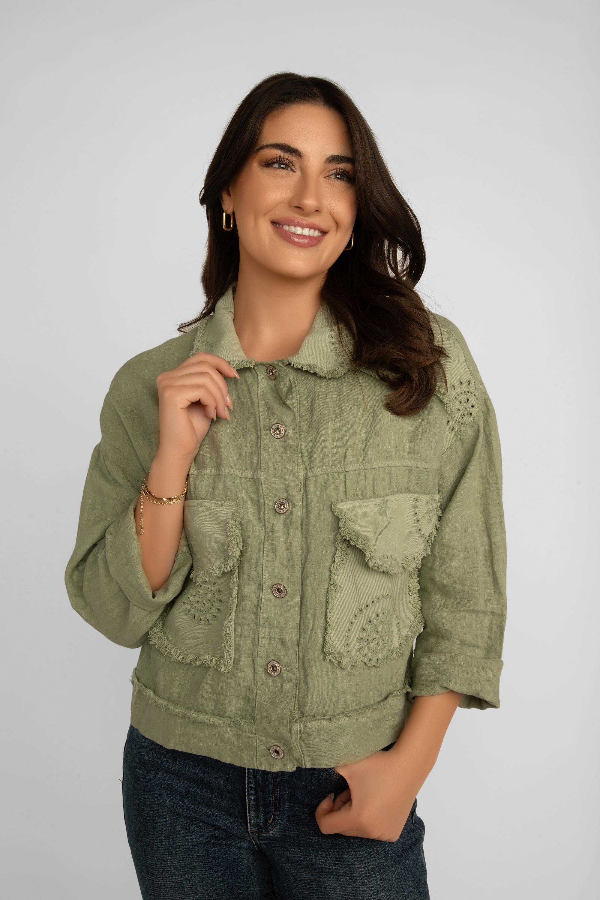 Front buttoned up view of Elissia (NF20493) Women's Long Sleeve Frayed Hem Patch Pocket Jacket with Eyelet Lace Detail in Olive
