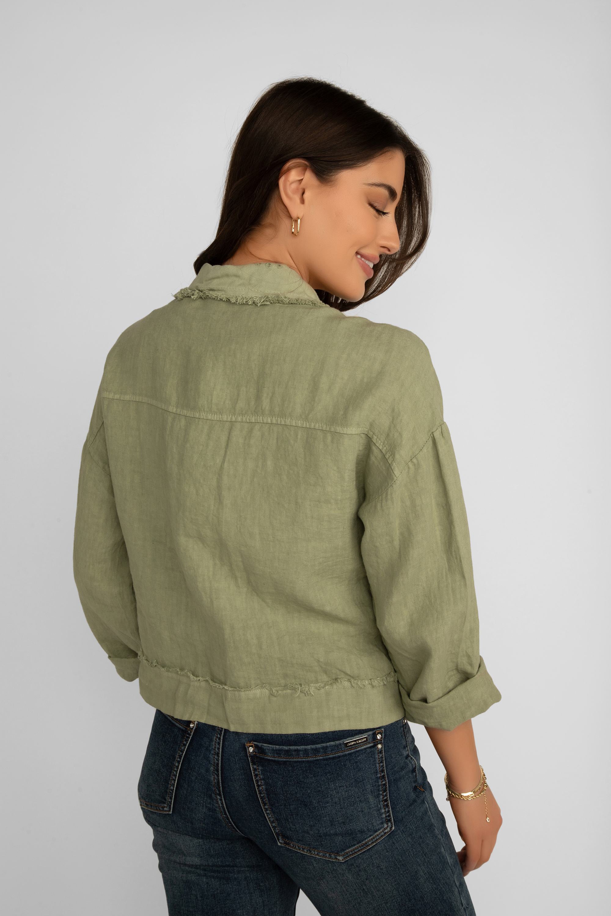 Back view of Elissia (NF20493) Women's Long Sleeve Frayed Hem Patch Pocket Jacket with Eyelet Lace Detail in Olive