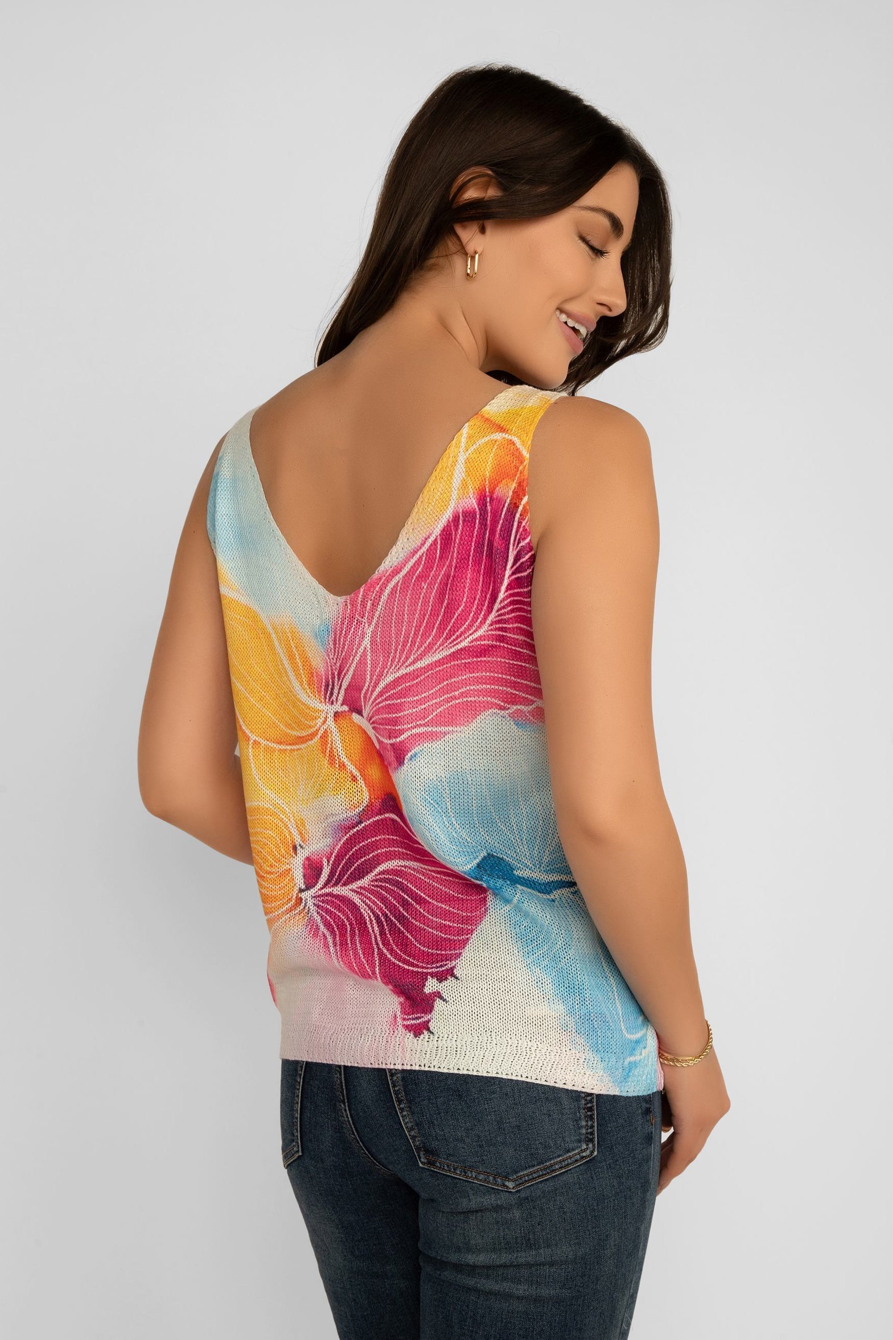Back view of Elissia Women's Lightweight Knit Colourful Floral Print Tank