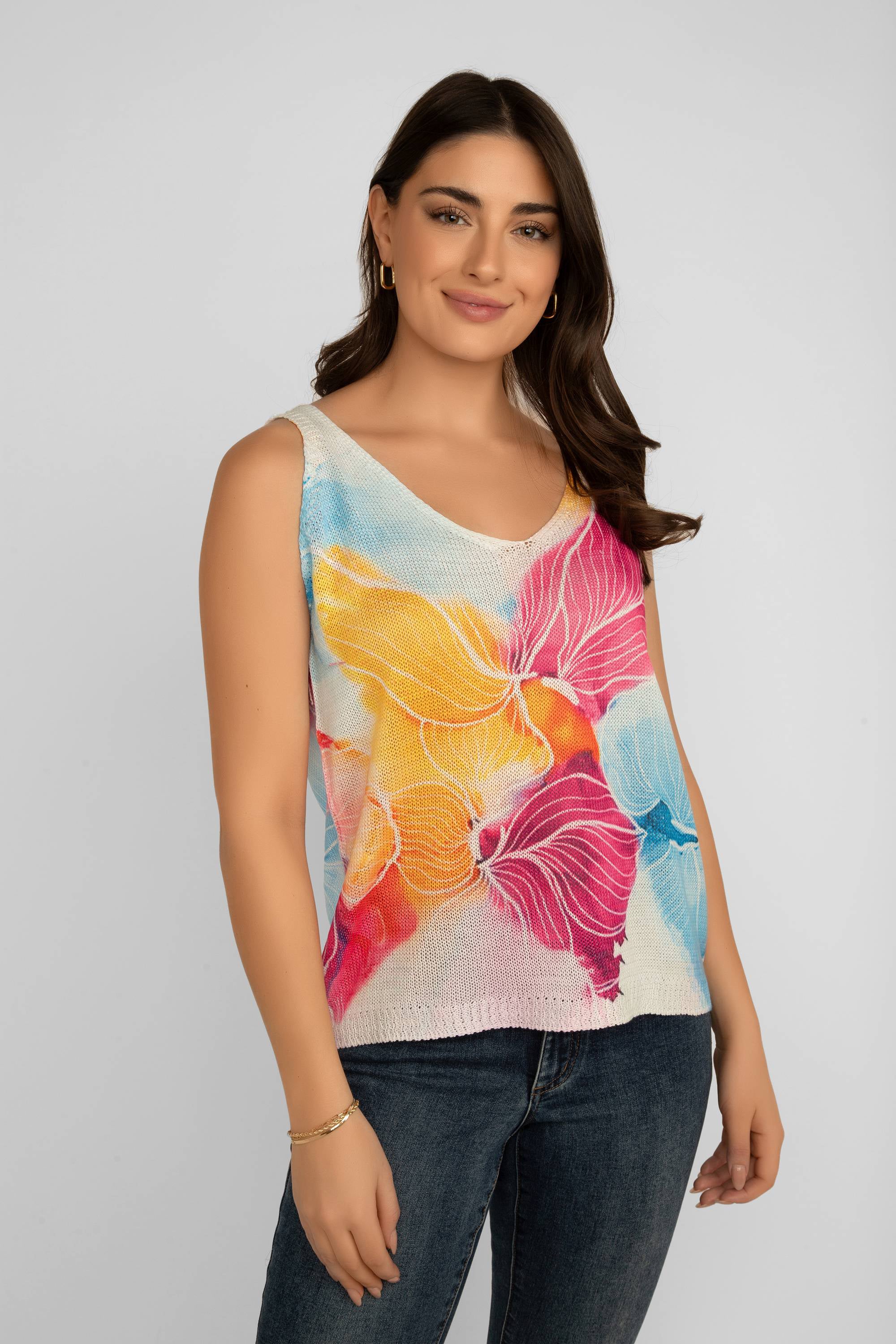 Front view of Elissia Women's Lightweight Knit Colourful Floral Print Tank