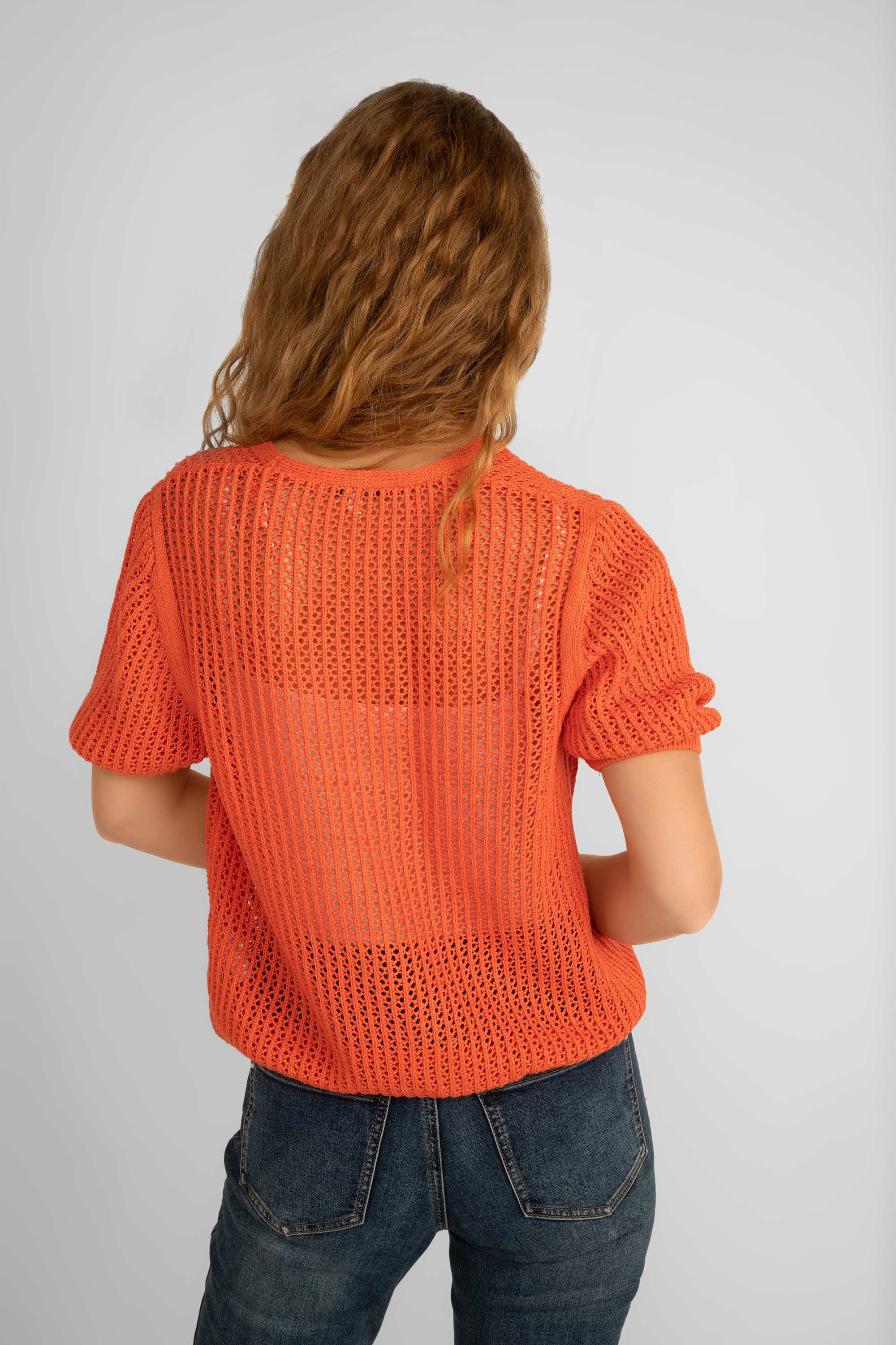 Back view of Garcia (P40242) Women's Elbow Sleeve Open Knit Cardigan, with Open Front in Emberglow Orange