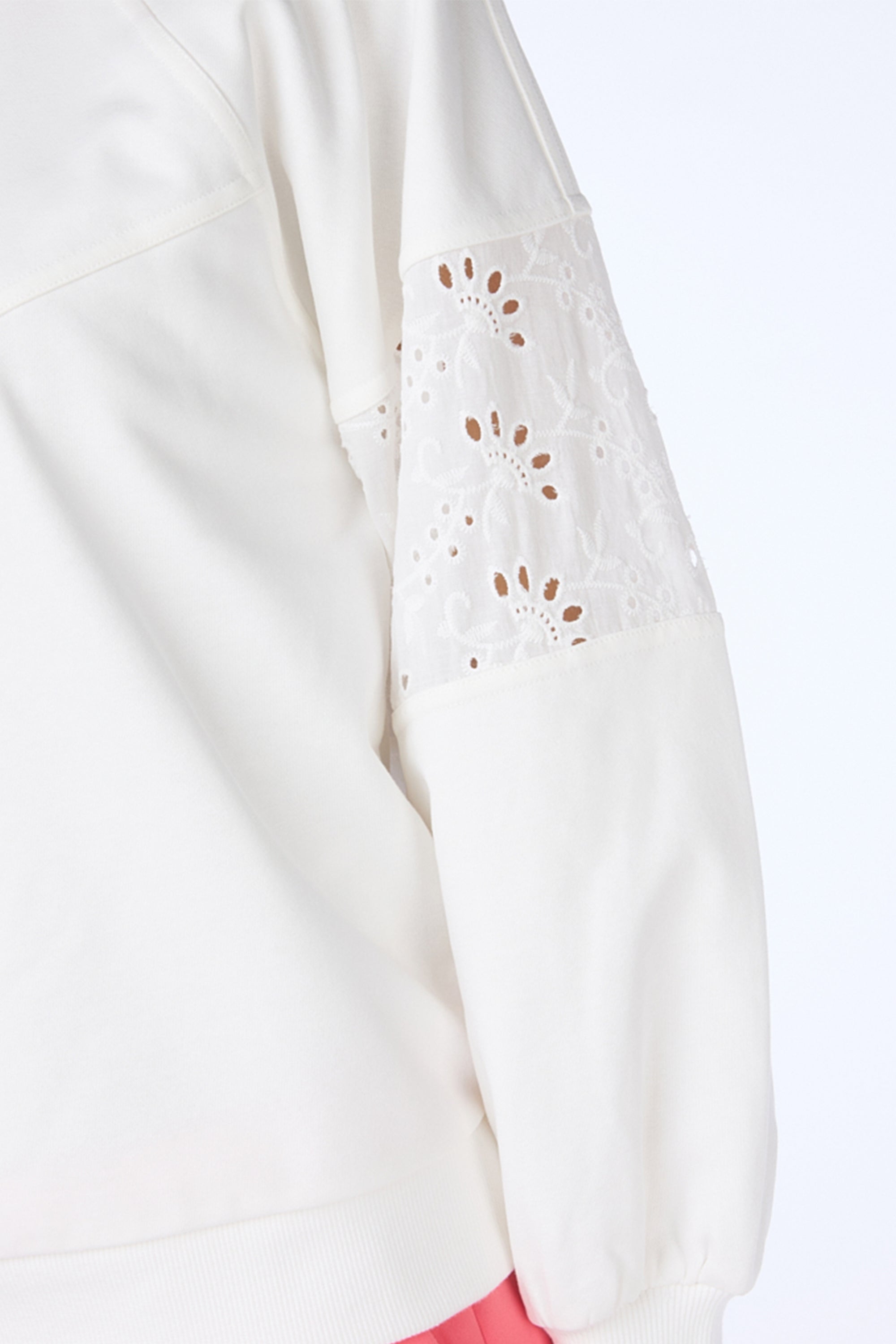 Sleeve close up on Esqualo ( SP2405016) Women's Long Sleeve Sweatshirt With Eyelet Lace Sleeve Detail in White