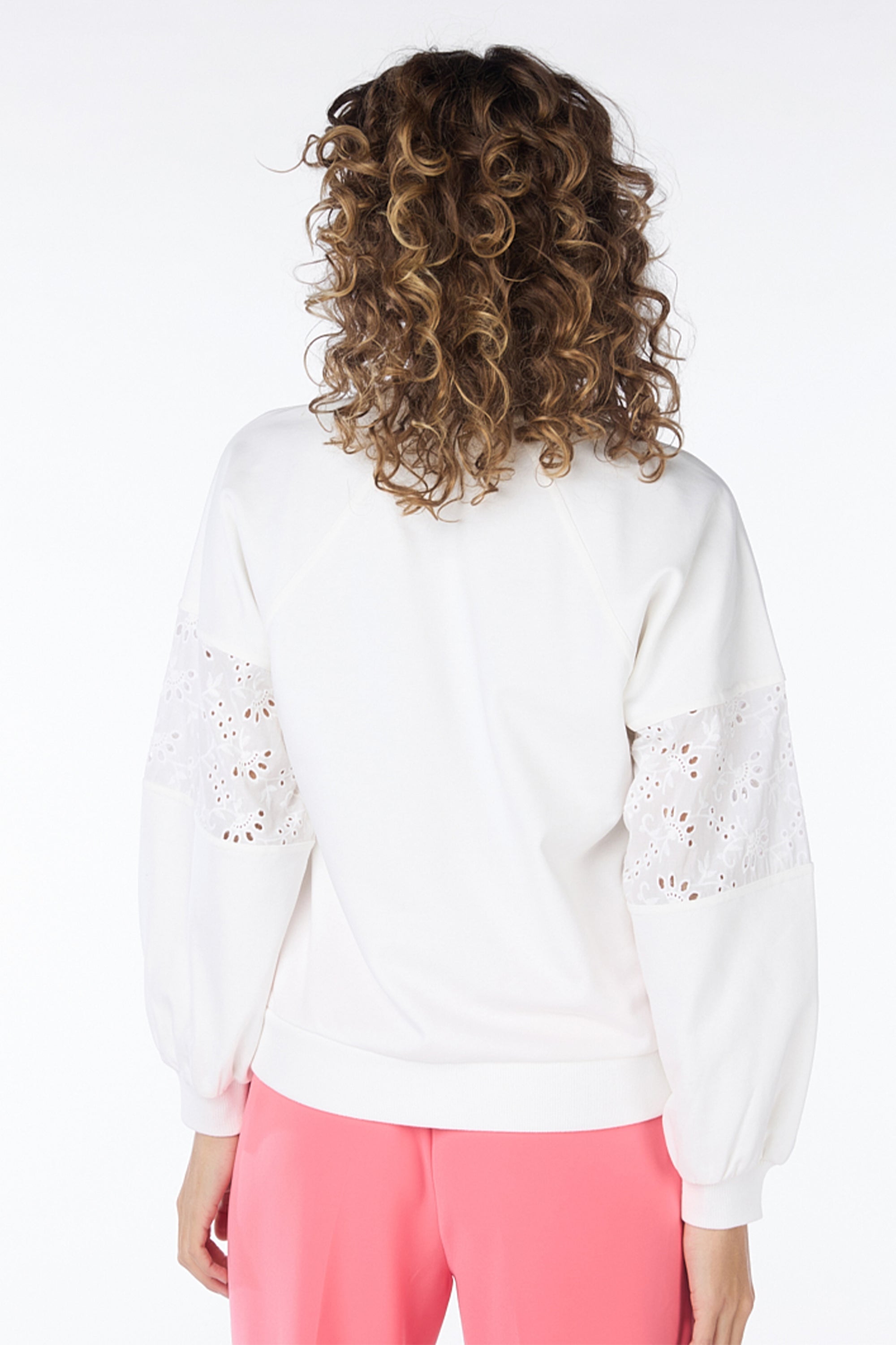 Back view of Esqualo ( SP2405016) Women's Long Sleeve Sweatshirt With Eyelet Lace Sleeve Detail in White