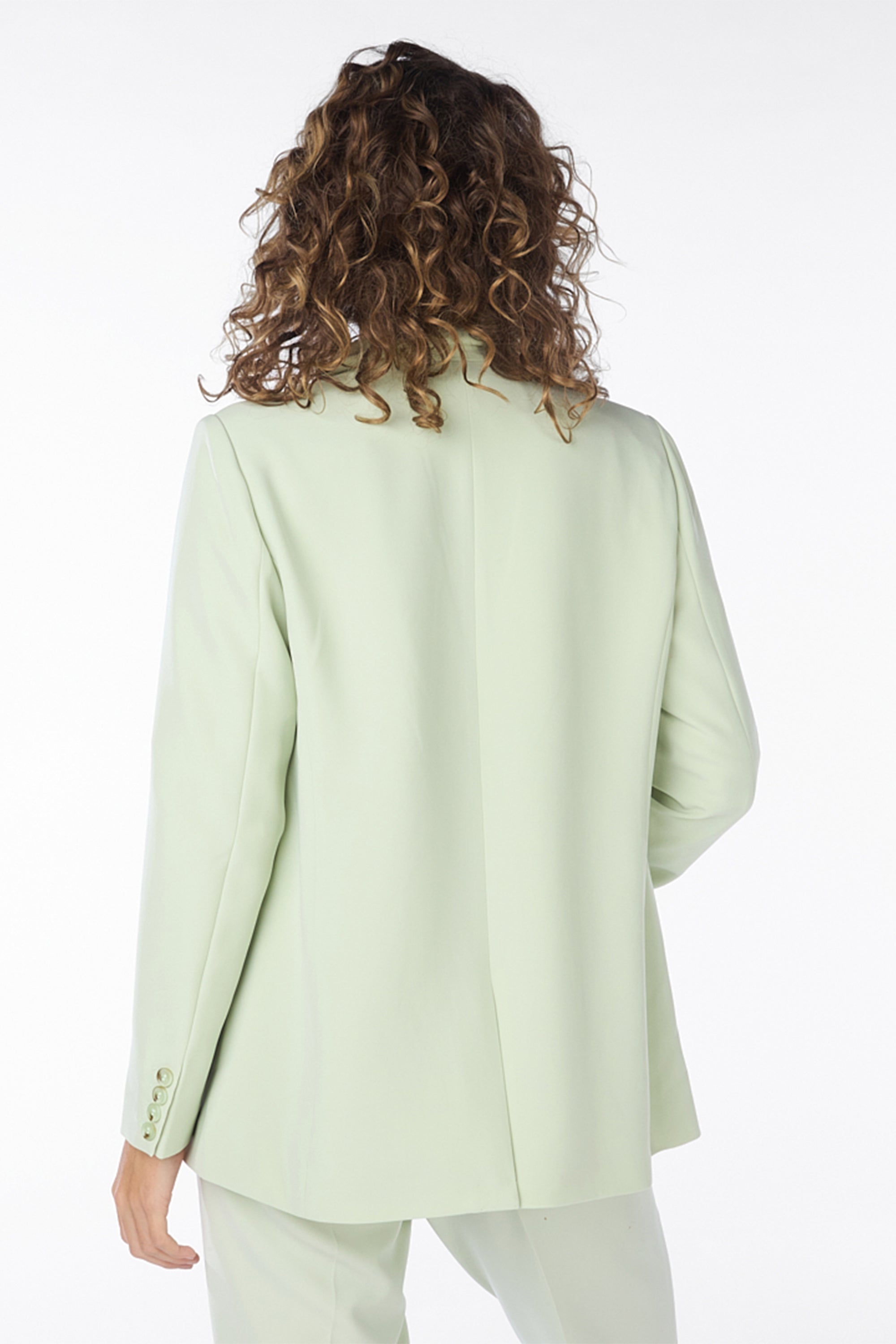 Back view of Esqualo (SP2410022) Women's Long Sleeve Tailored Blazer with Notch Collar, Single Button Close, and Front Pockets in Pistachio green